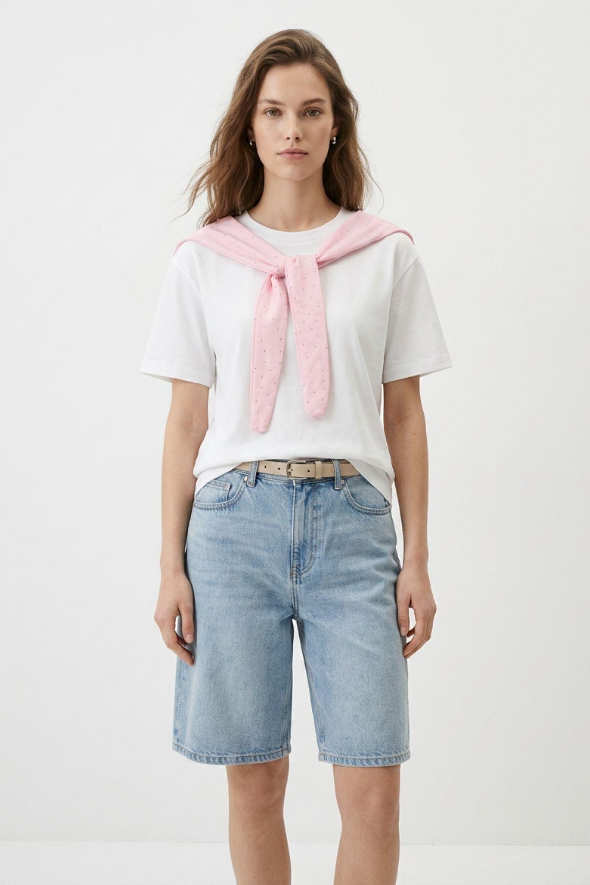 Pembe Bisiklet Yaka Bağlama Detay Crop Tişört 26618 - RAYS