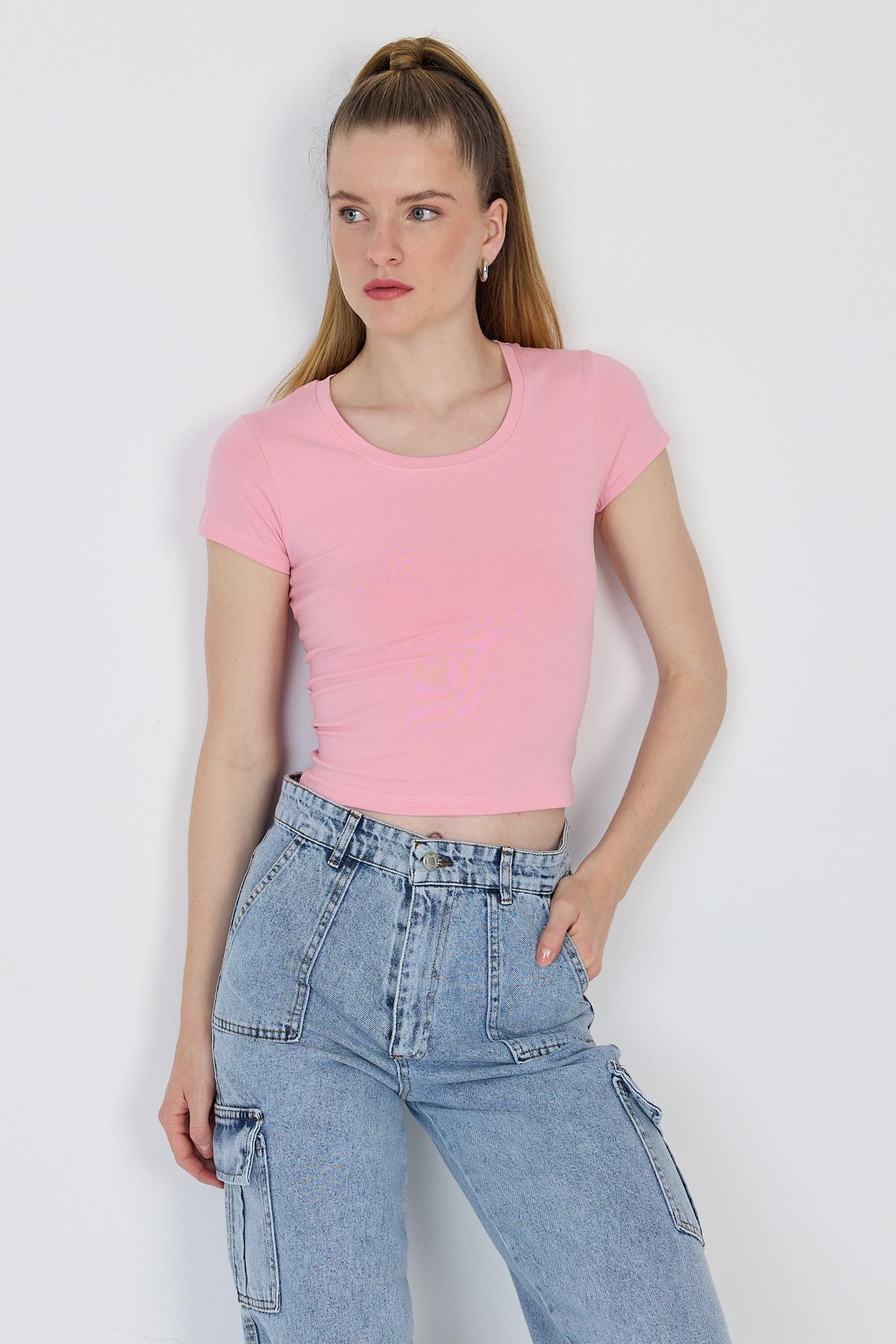 Pembe Bisiklet Yaka Basic Crop Tişört 9200M - 1