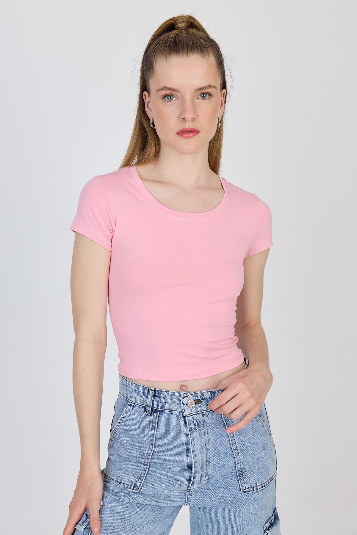 Pembe Bisiklet Yaka Basic Crop Tişört 9200M - 2