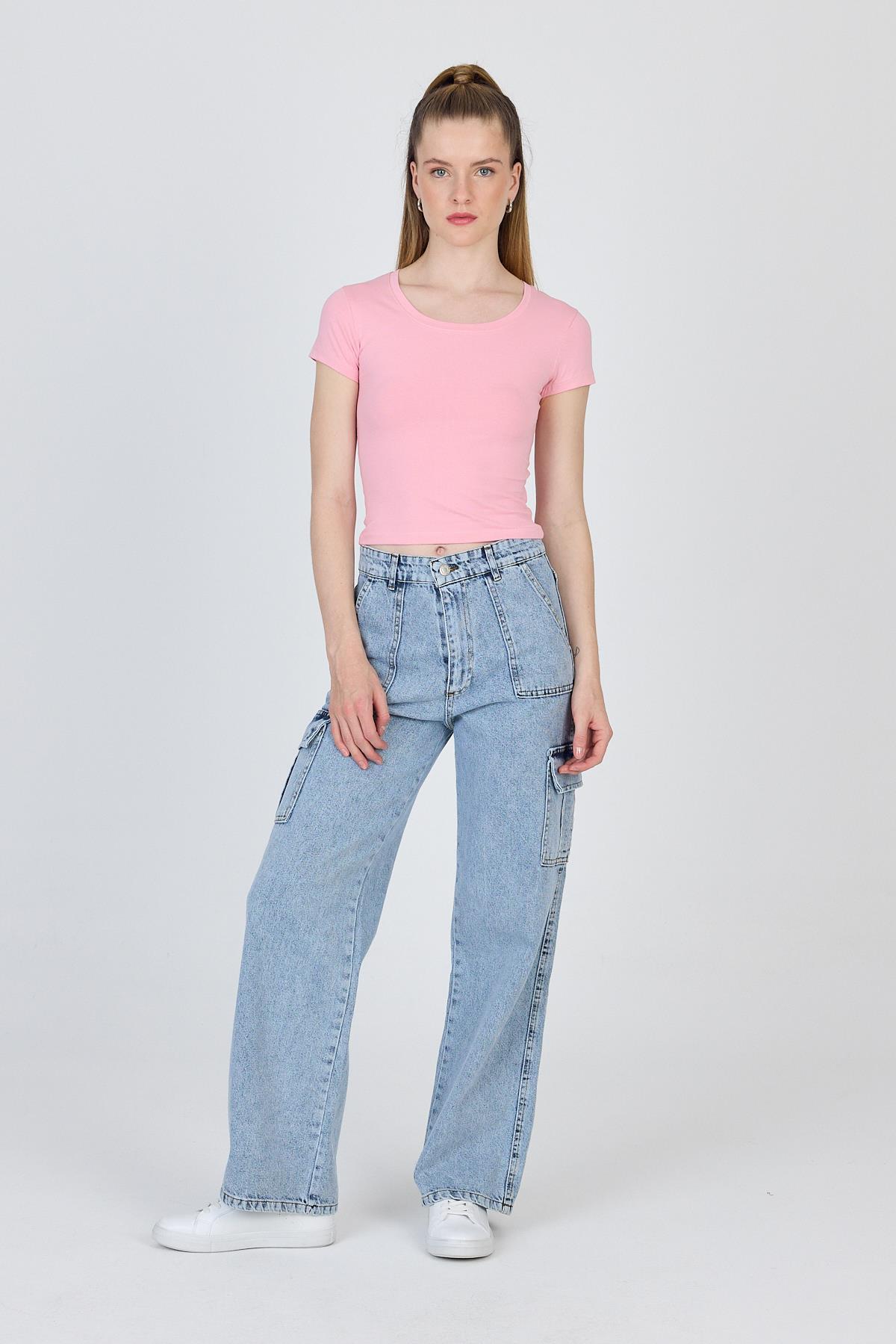 Pembe Bisiklet Yaka Basic Crop Tişört 9200M - 3