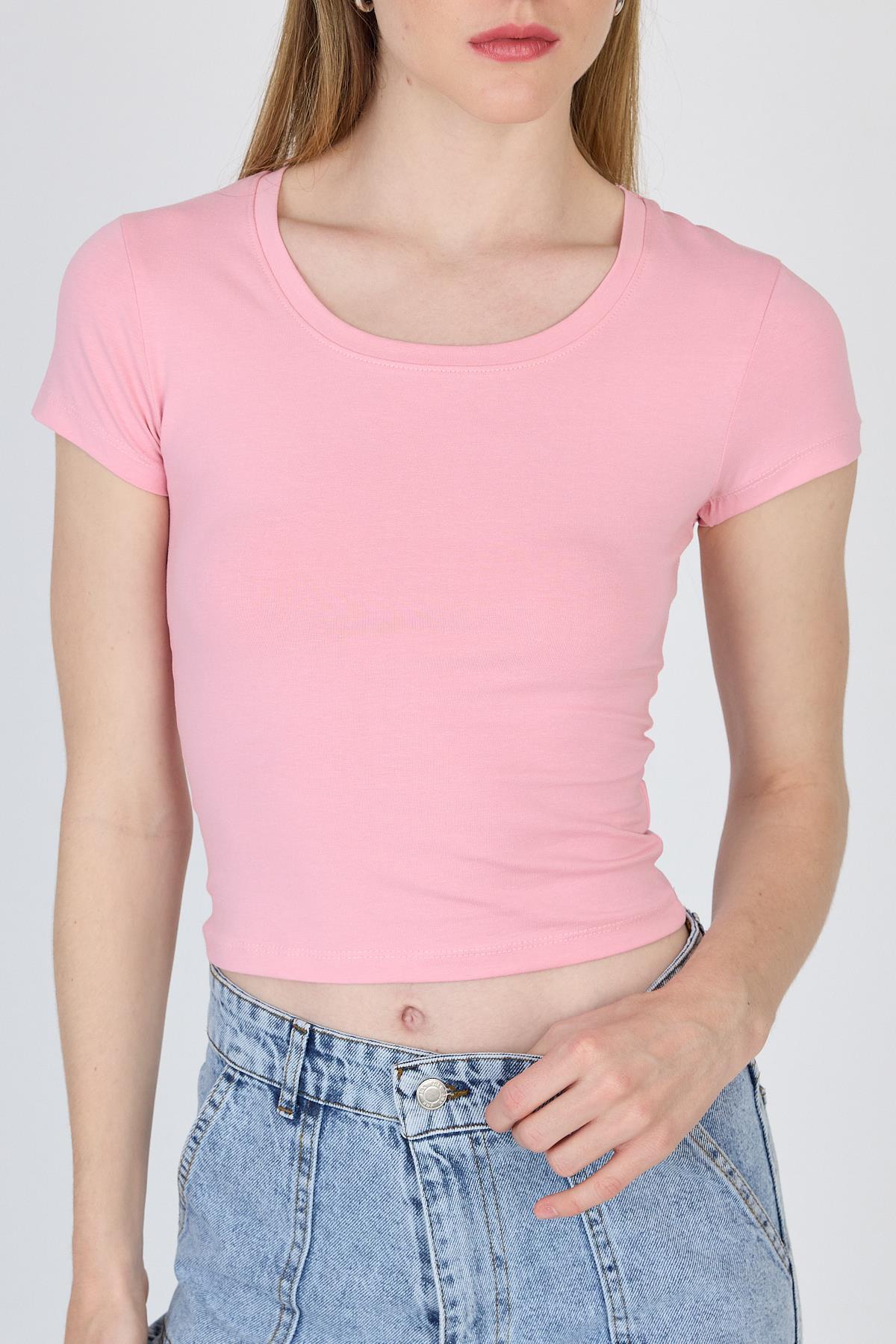 Pembe Bisiklet Yaka Basic Crop Tişört 9200M - 4