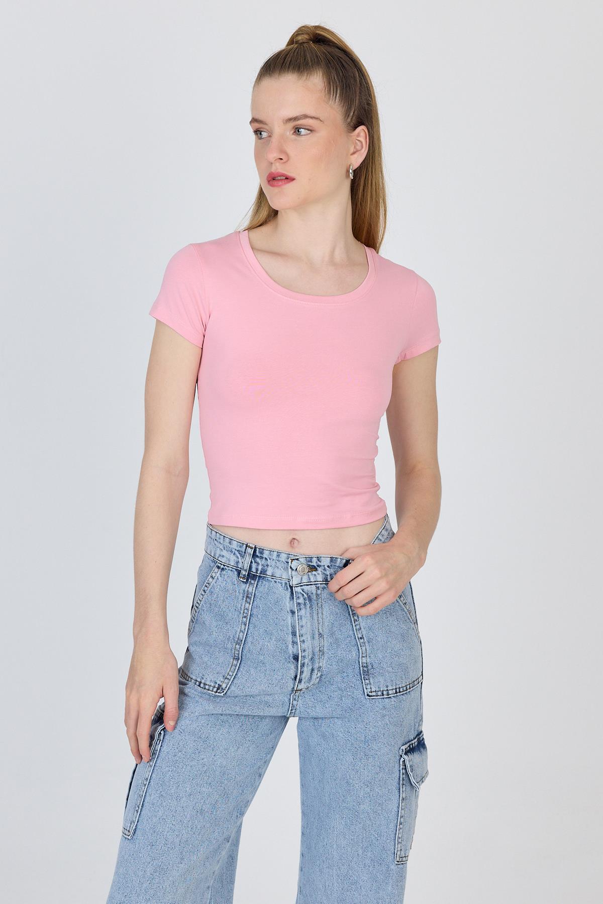 Pembe Bisiklet Yaka Basic Crop Tişört 9200M - 6