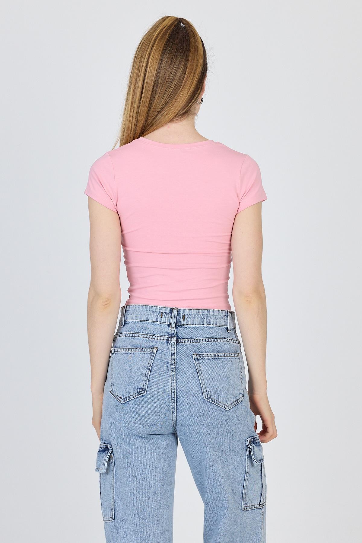 Pembe Bisiklet Yaka Basic Crop Tişört 9200M - 5