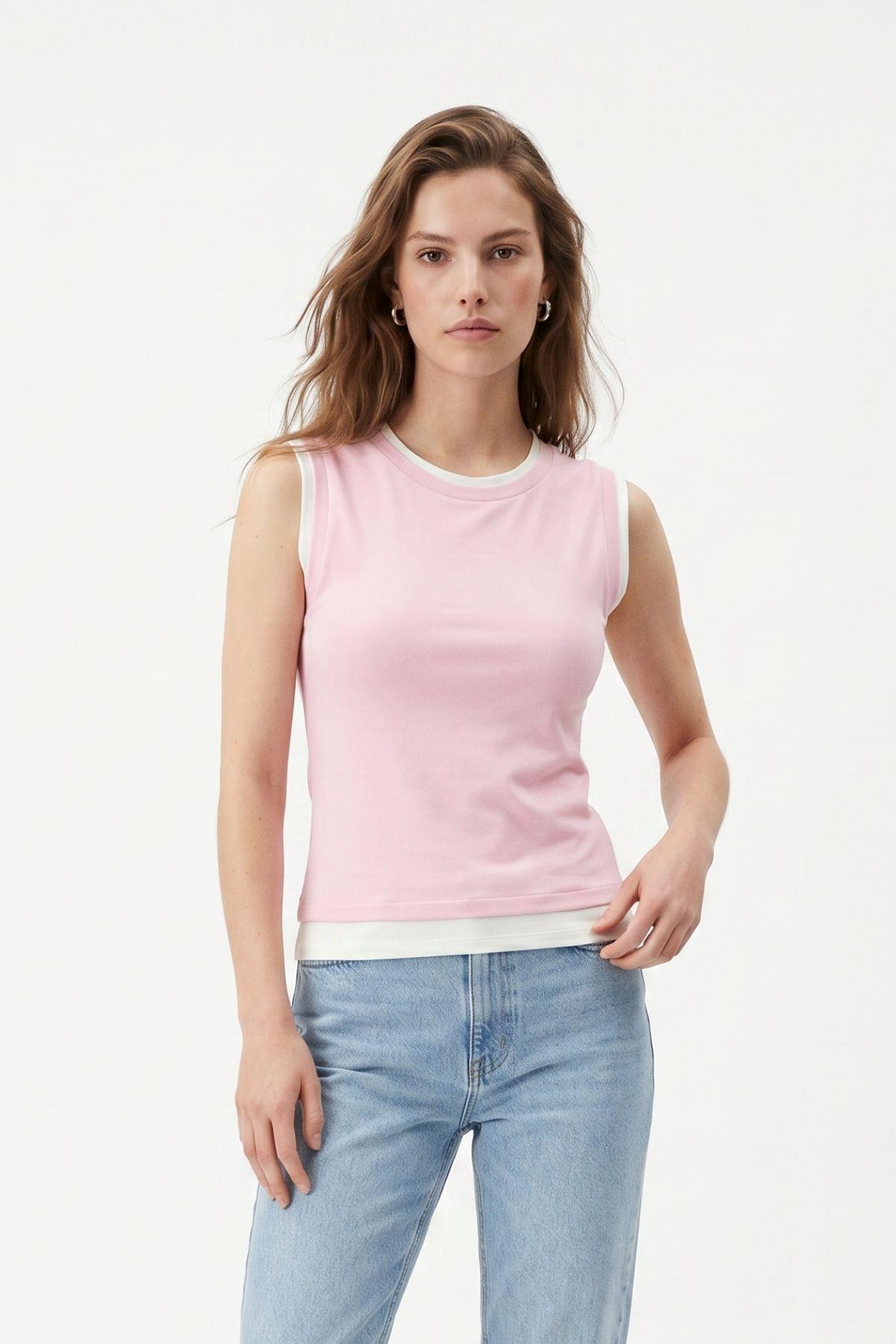 Bisiklet Yaka Çift Görünümlü Bluz 8355A Pembe - RAYS