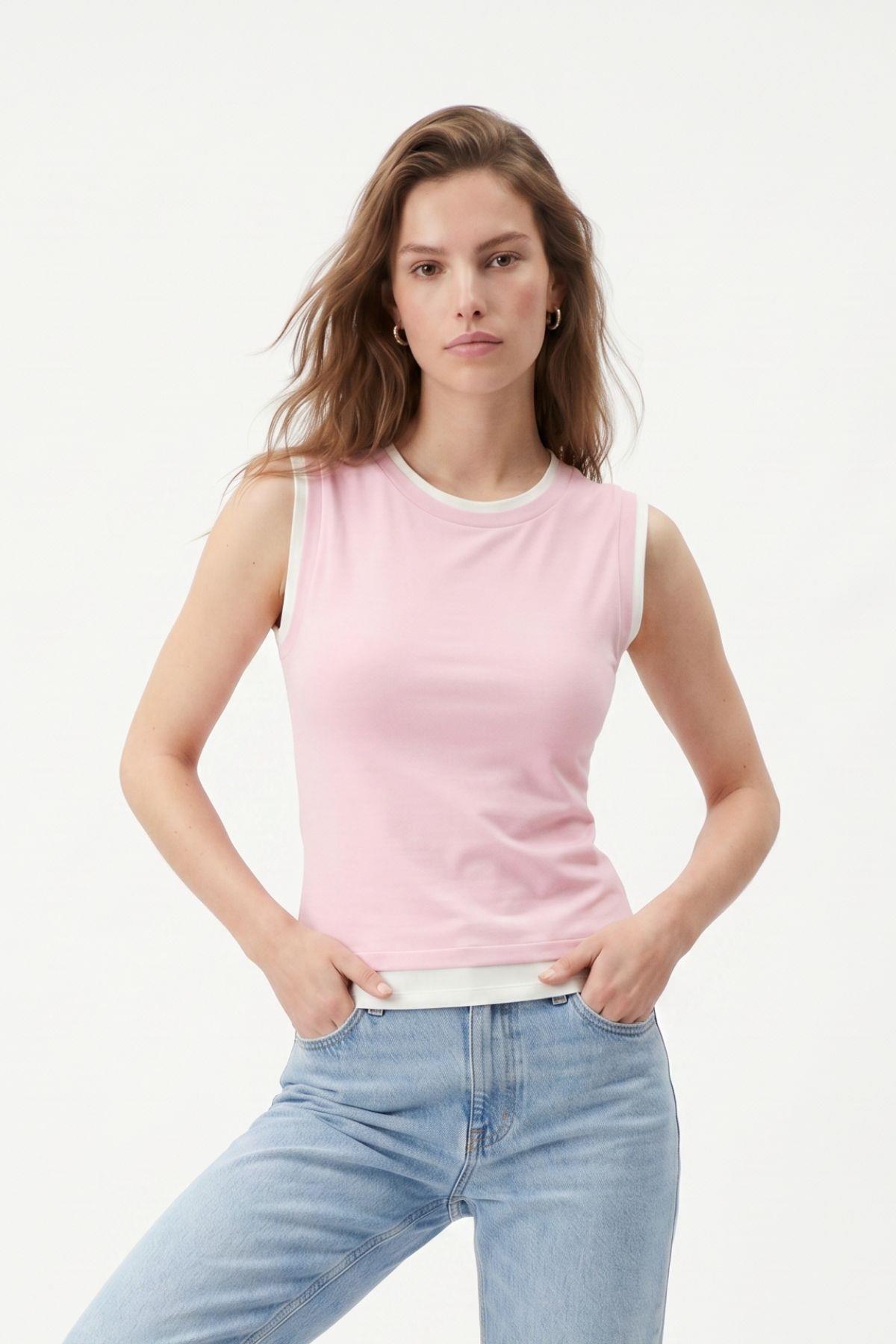 Bisiklet Yaka Çift Görünümlü Bluz 8355A Pembe - RAYS