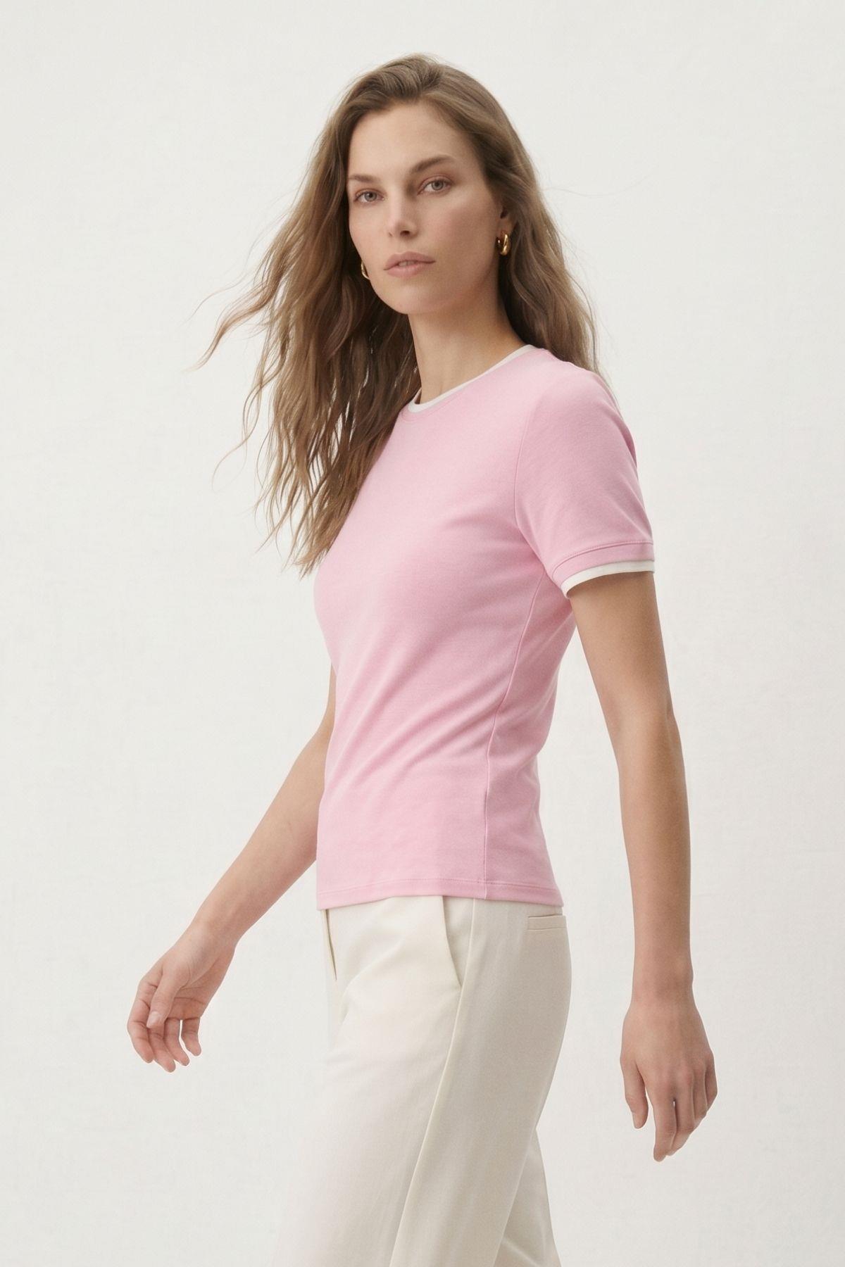 Pembe Bisiklet Yaka Çift Görünümlü Tişört 8354A - 2