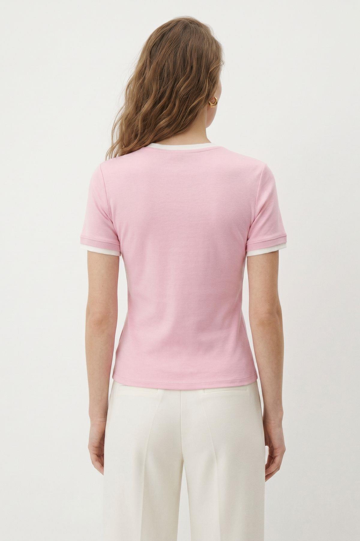 Pembe Bisiklet Yaka Çift Görünümlü Tişört 8354A - 3