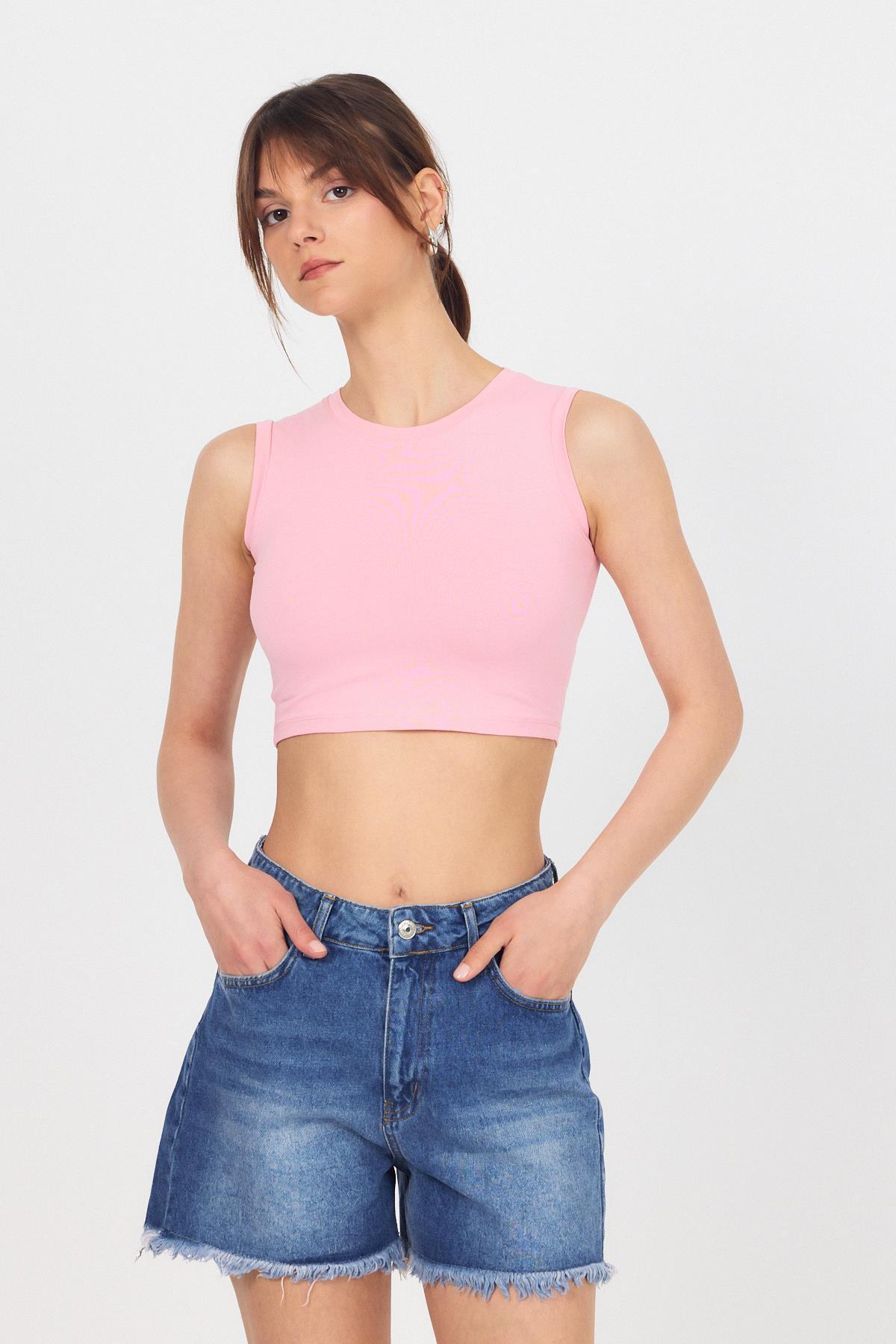 Pembe Bisiklet Yaka Crop Atlet 9189M - 1