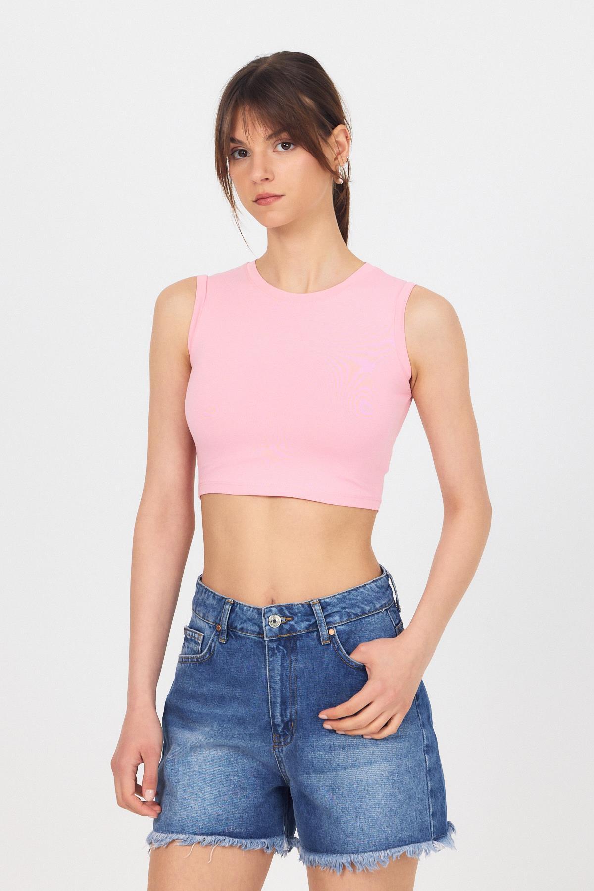 Pembe Bisiklet Yaka Crop Atlet 9189M - 3