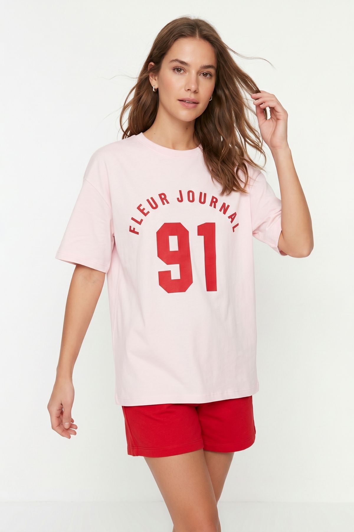 Pembe Bisiklet Yaka Kısa Kol Baskılı Oversize Tişört 8458 