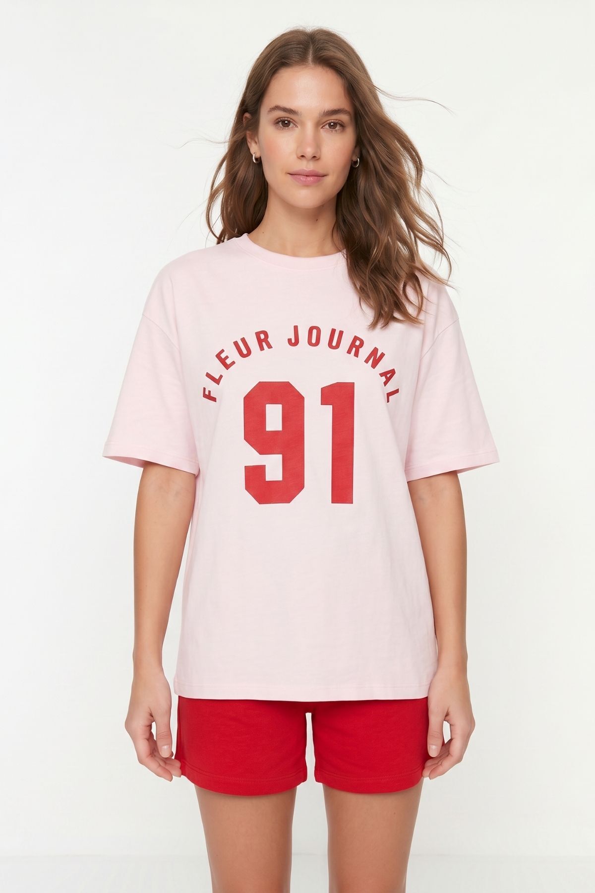 Pembe Bisiklet Yaka Kısa Kol Baskılı Oversize Tişört 8458 - 2