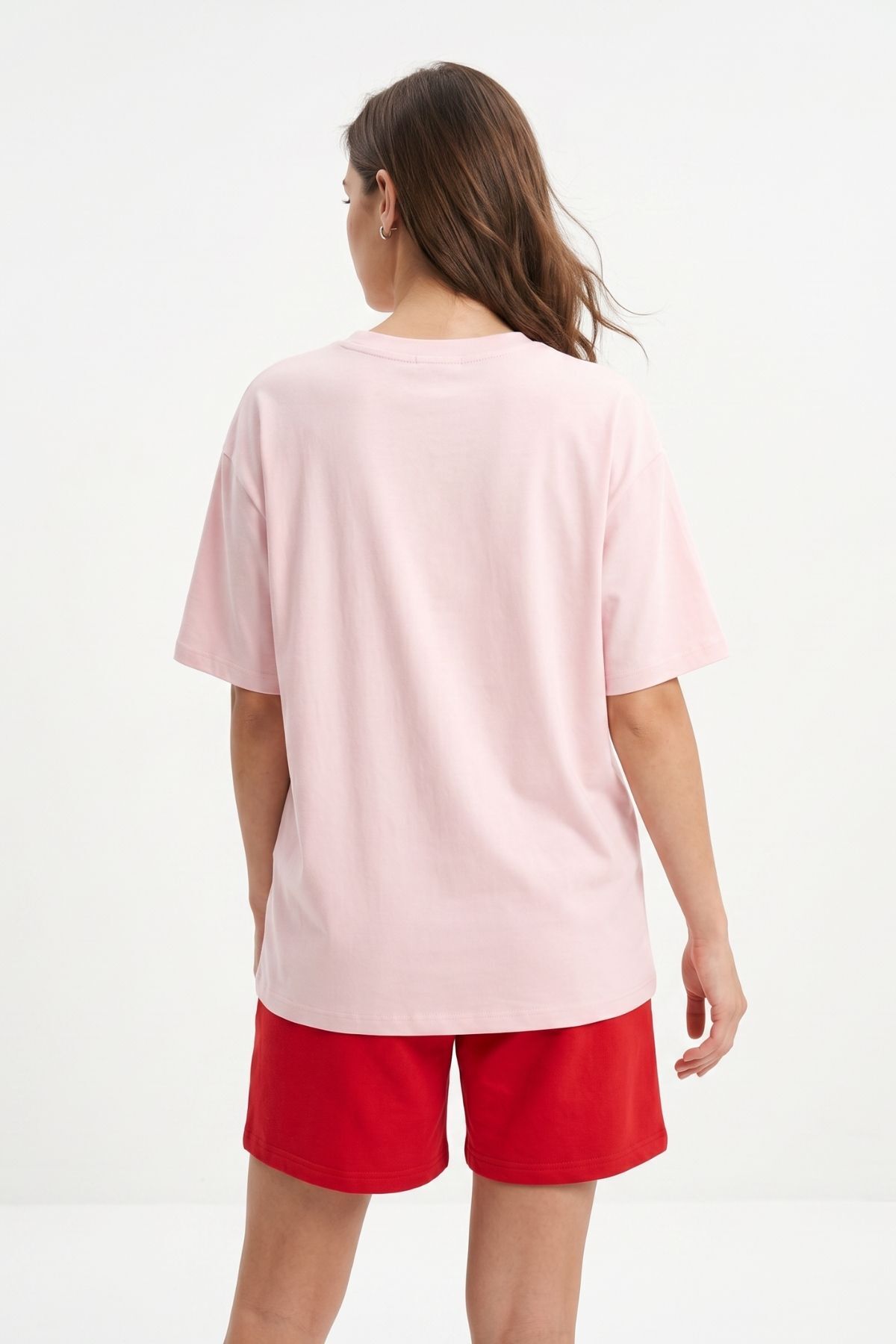Pembe Bisiklet Yaka Kısa Kol Baskılı Oversize Tişört 8458 - 3