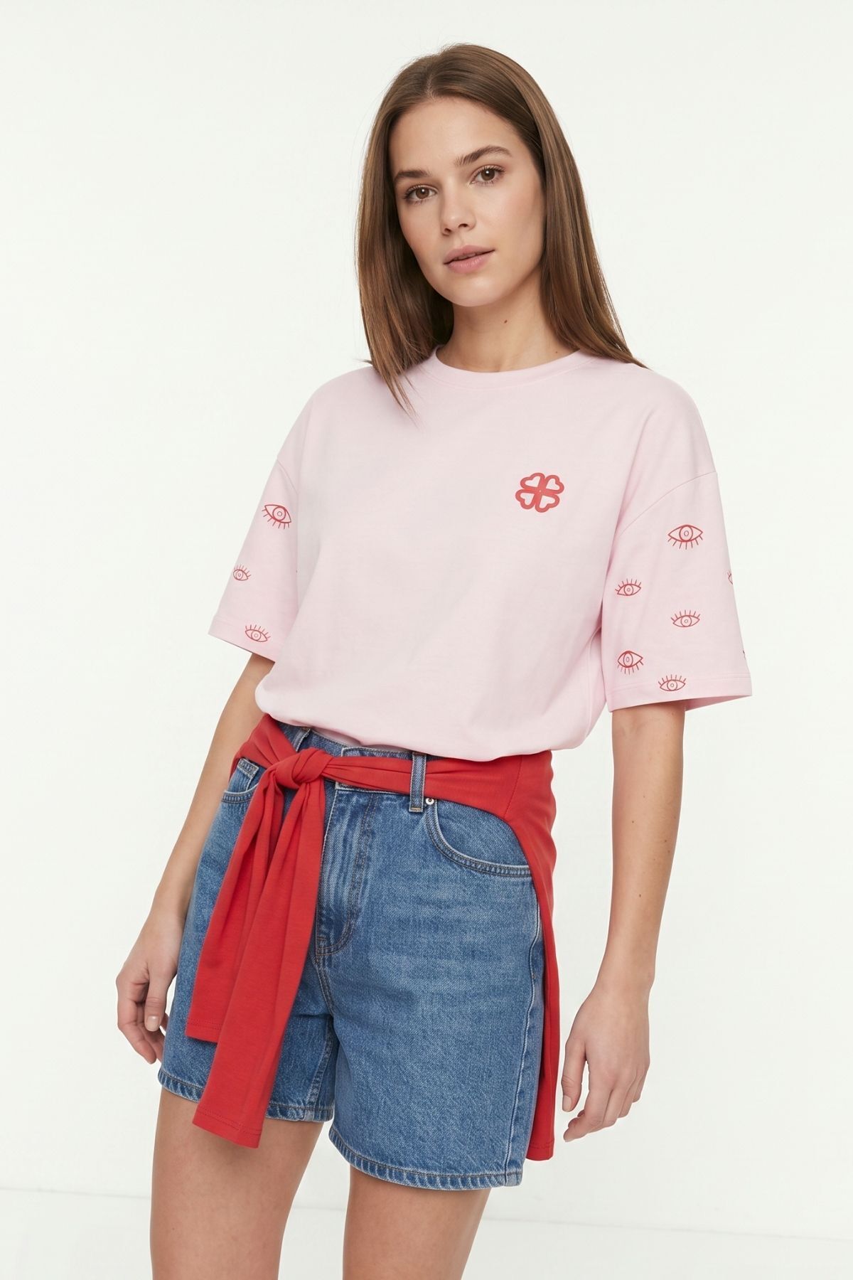 Bisiklet Yaka Kısa Kol Yazı Baskılı Oversize Tişört 8480 Pembe - RAYS