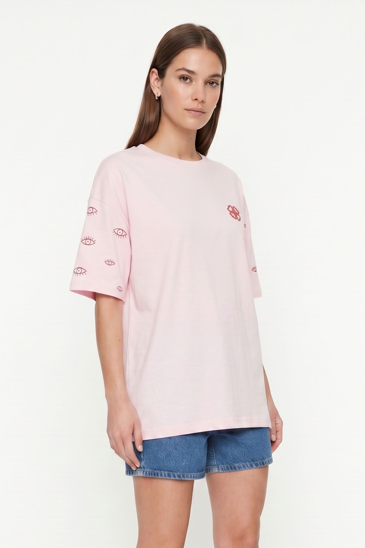 Bisiklet Yaka Kısa Kol Yazı Baskılı Oversize Tişört 8480 Pembe - RAYS