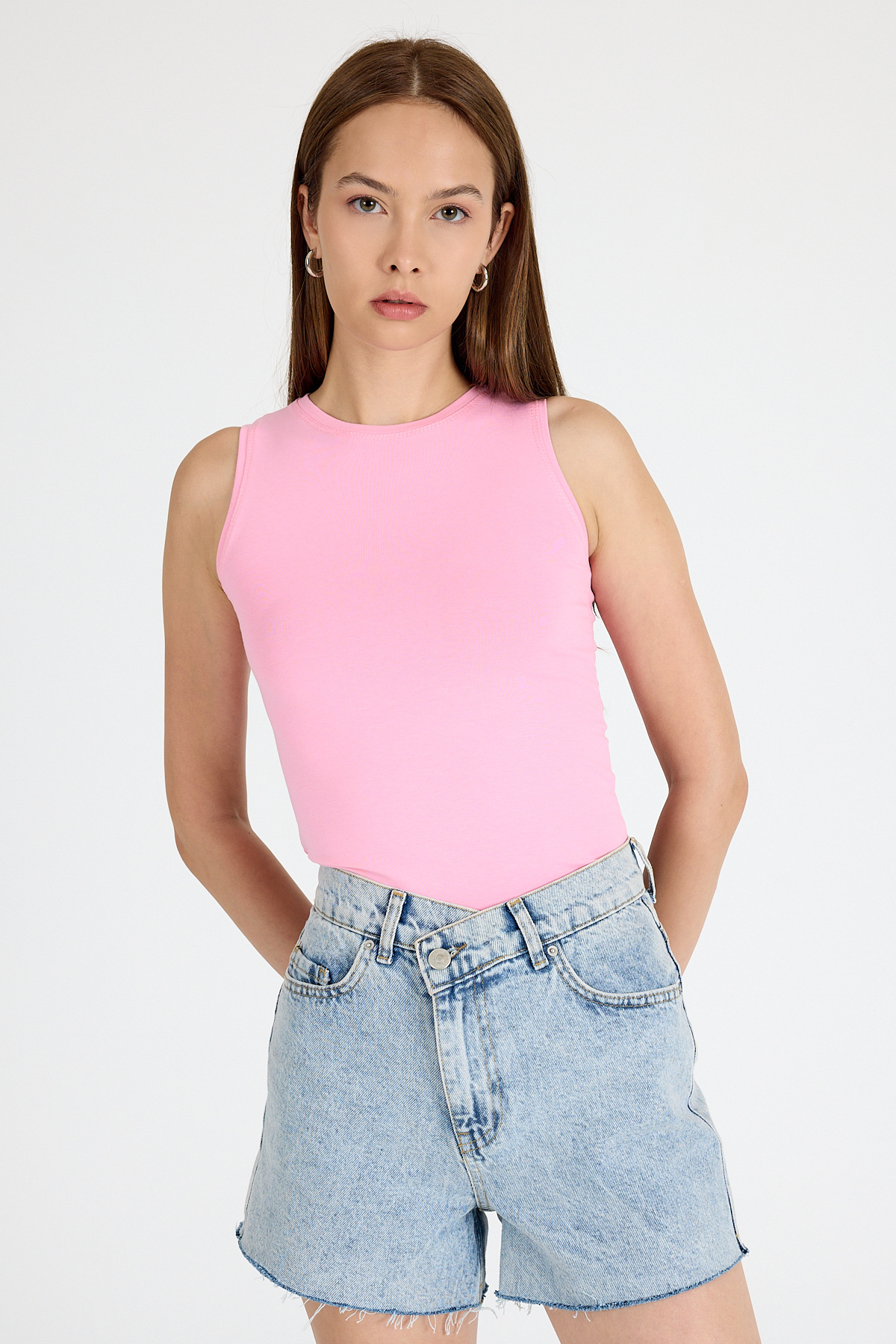 Pembe Bisiklet Yaka Kolsuz Slim Fit Atlet 1663 - RAYS