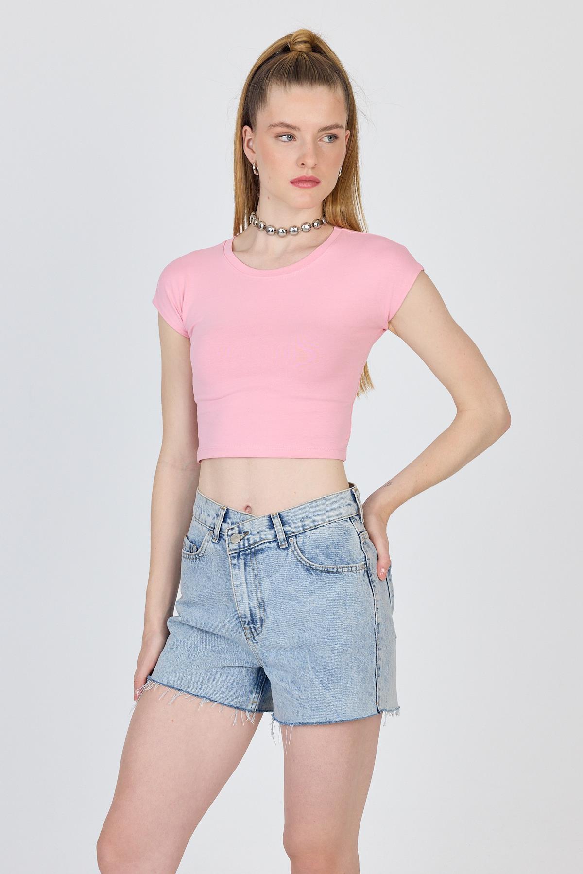 Pembe Bisiklet Yaka Pamuklu Slim Fit Crop Tişört 9199M - RAYS