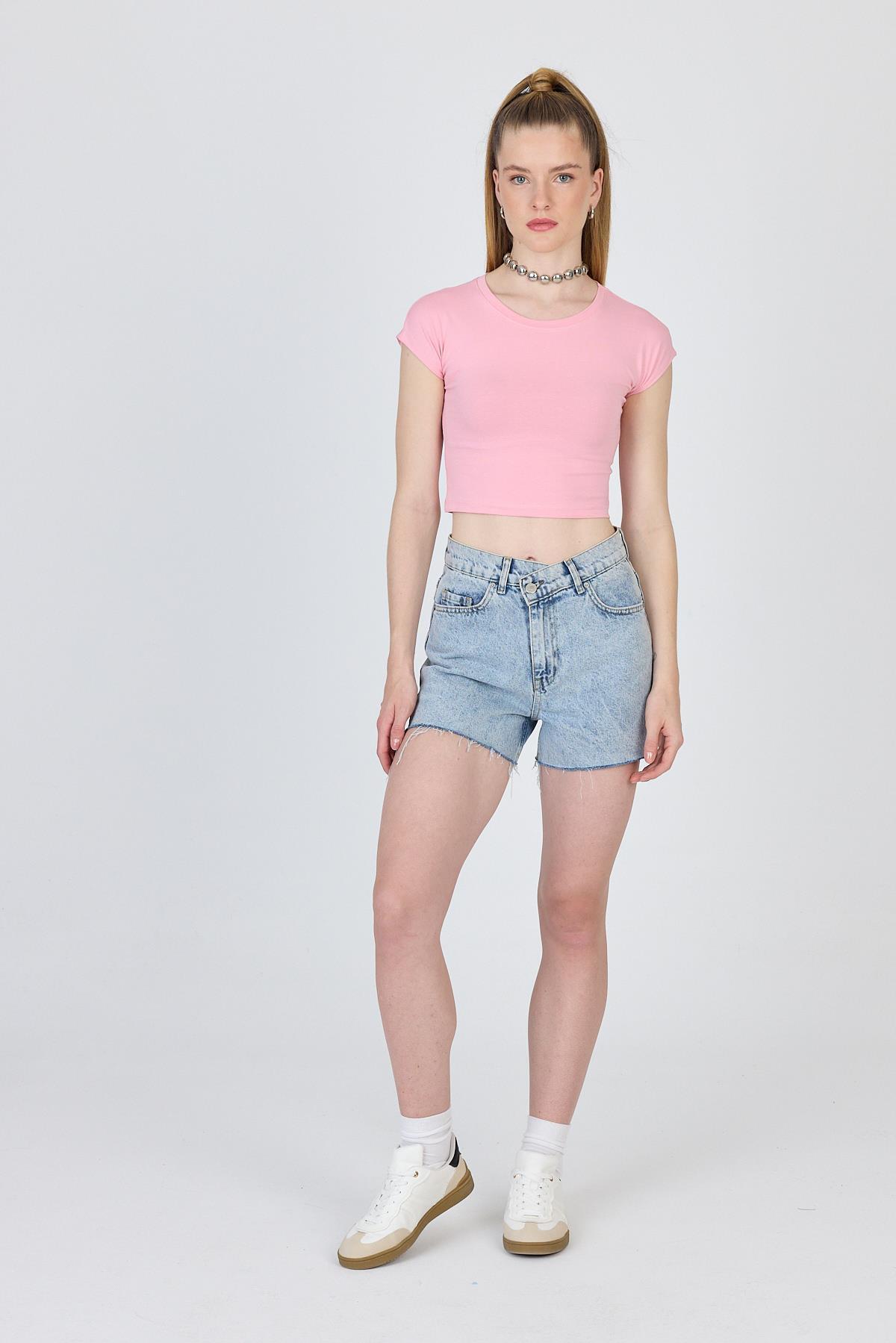 Pembe Bisiklet Yaka Pamuklu Slim Fit Crop Tişört 9199M - 2