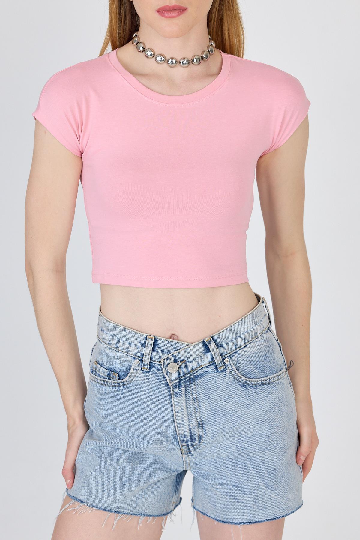 Pembe Bisiklet Yaka Pamuklu Slim Fit Crop Tişört 9199M - 3