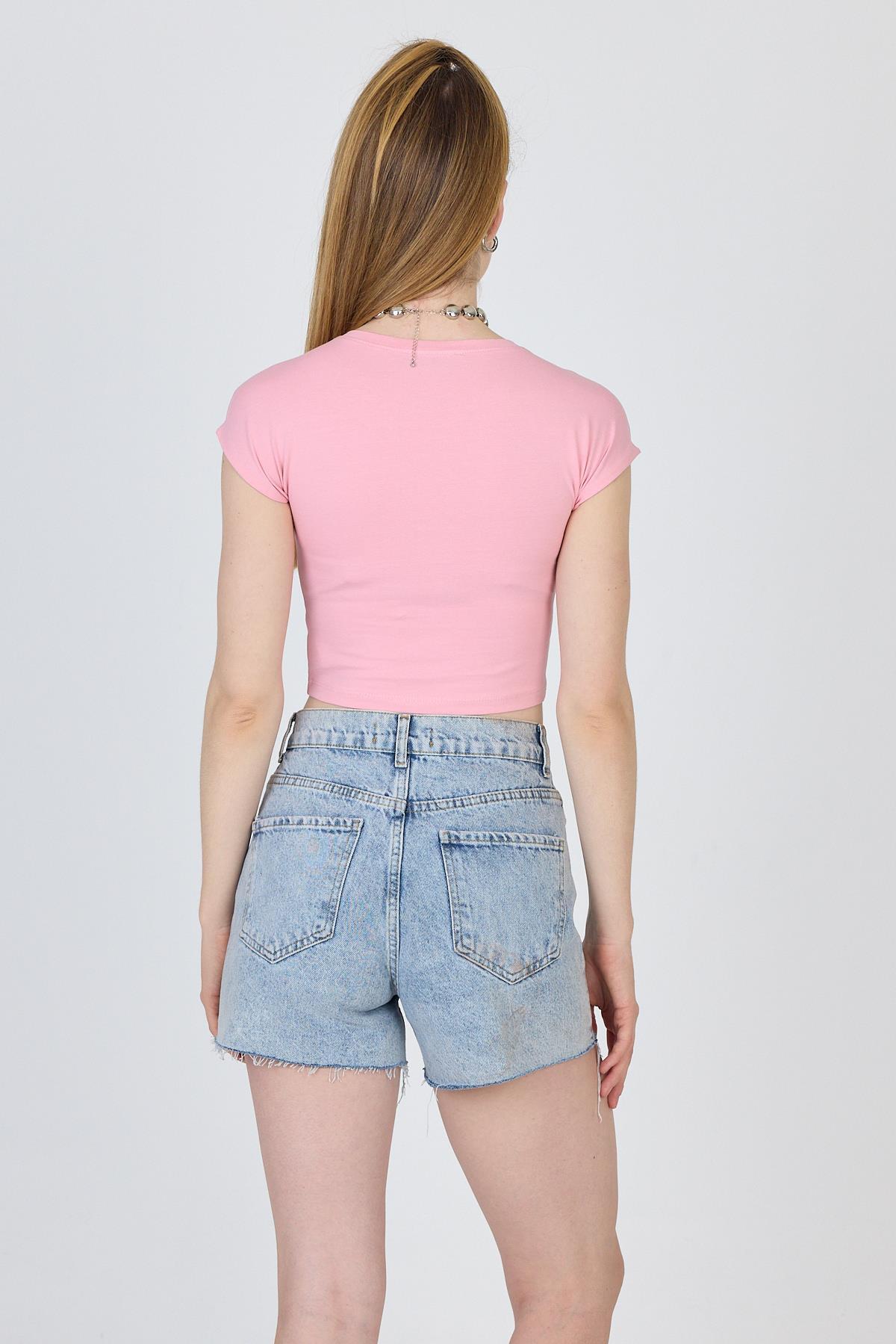 Pembe Bisiklet Yaka Pamuklu Slim Fit Crop Tişört 9199M - 5
