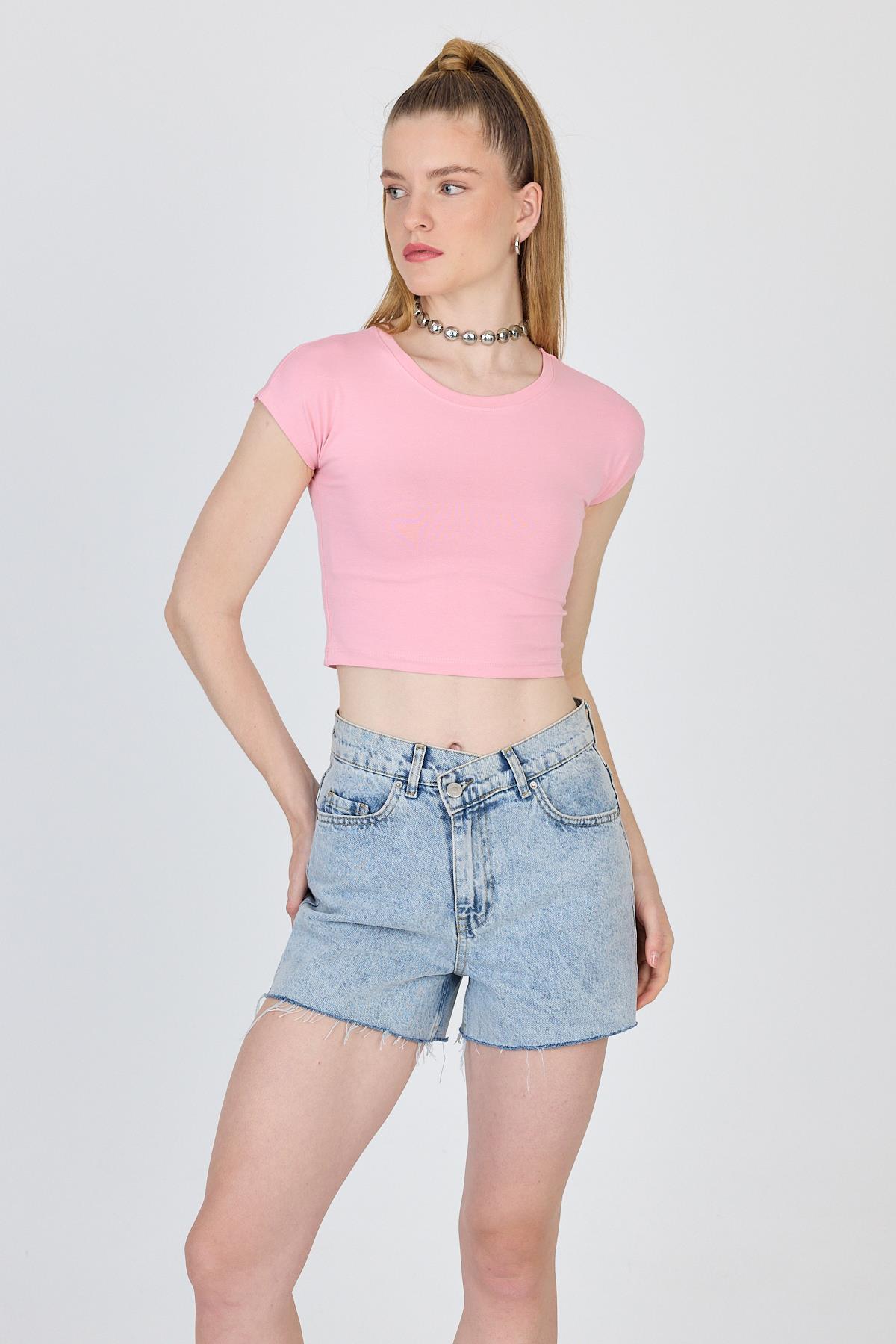 Pembe Bisiklet Yaka Pamuklu Slim Fit Crop Tişört 9199M - 6