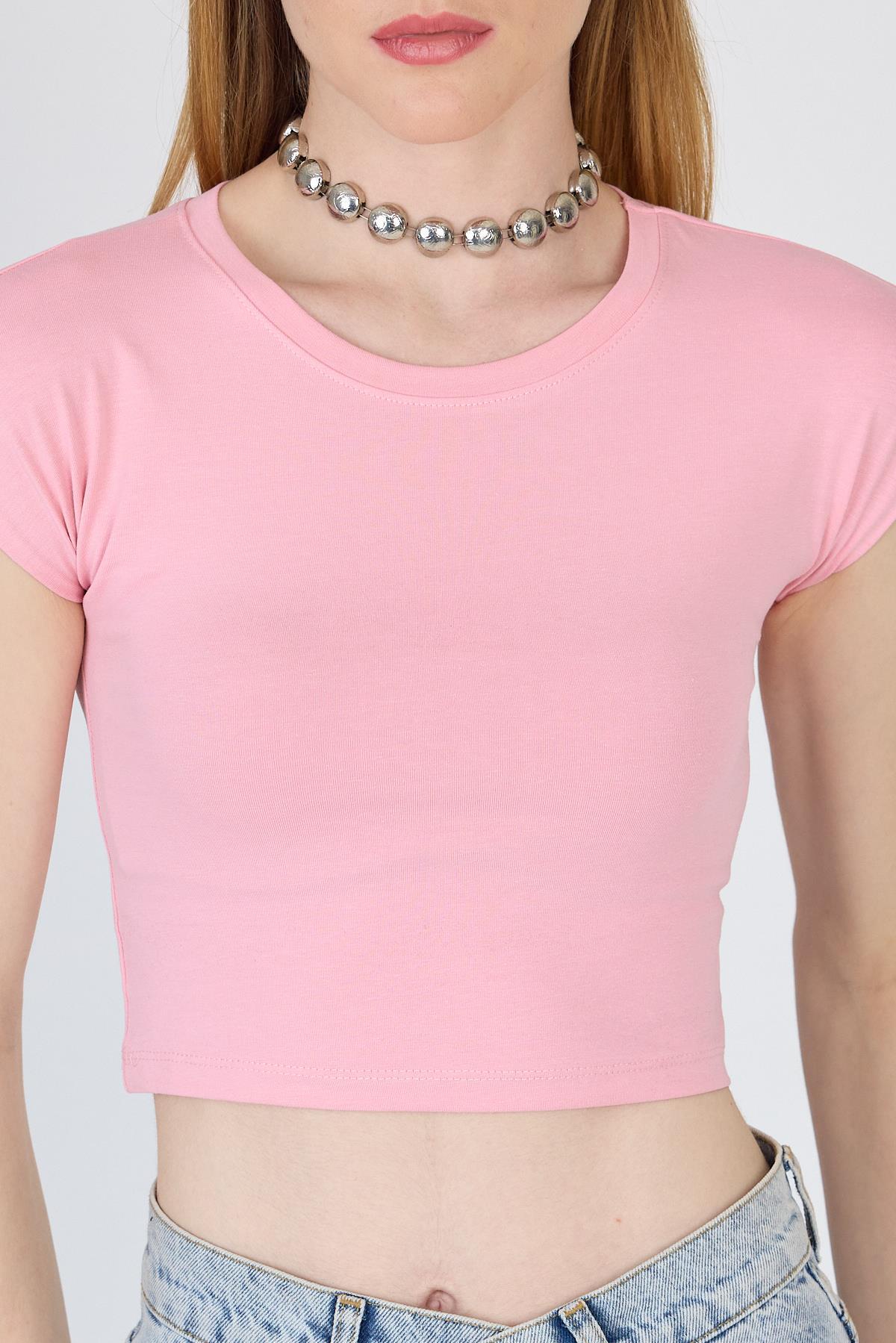 Pembe Bisiklet Yaka Pamuklu Slim Fit Crop Tişört 9199M - 4