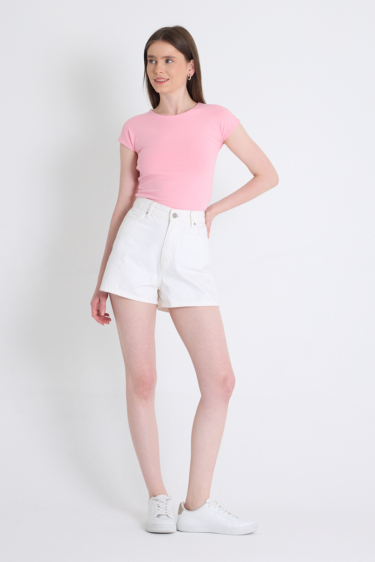 Pembe Bisiklet Yaka Pamuklu Slim Fit Tişört 9190 - 3