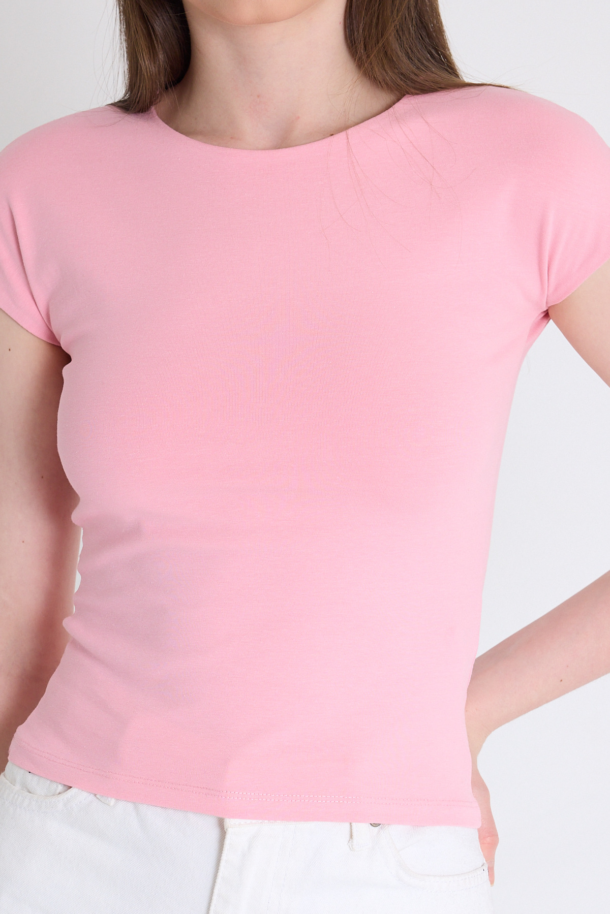 Pembe Bisiklet Yaka Pamuklu Slim Fit Tişört 9190 - 4