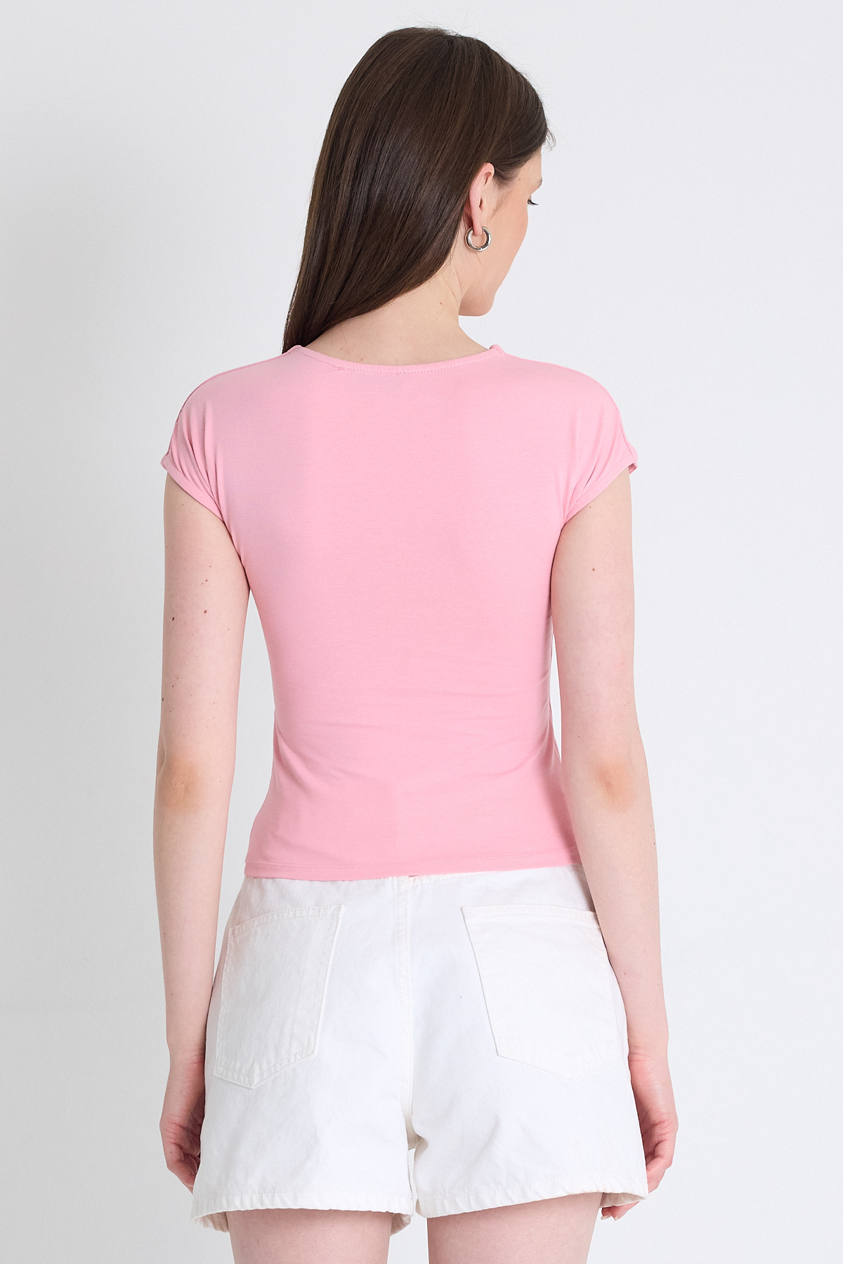 Pembe Bisiklet Yaka Pamuklu Slim Fit Tişört 9190 - 5