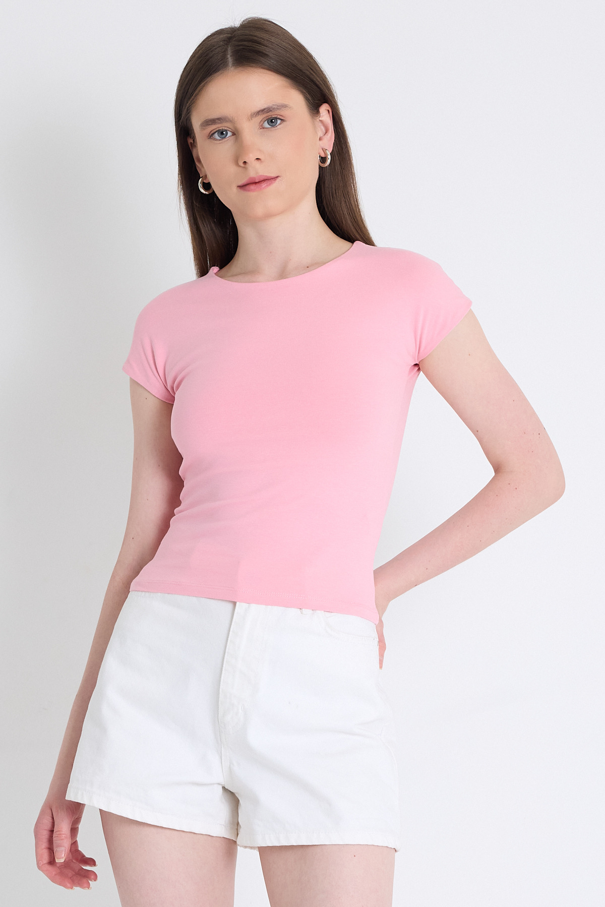 Pembe Bisiklet Yaka Pamuklu Slim Fit Tişört 9190 - 1