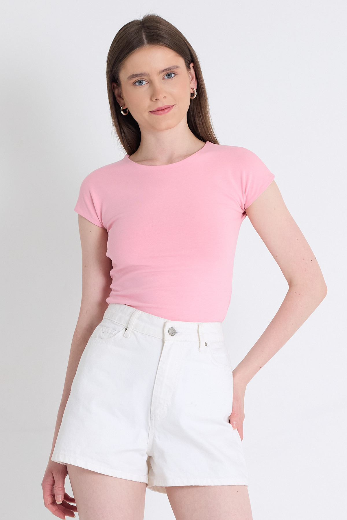 Pembe Bisiklet Yaka Pamuklu Slim Fit Tişört 9190 - 2