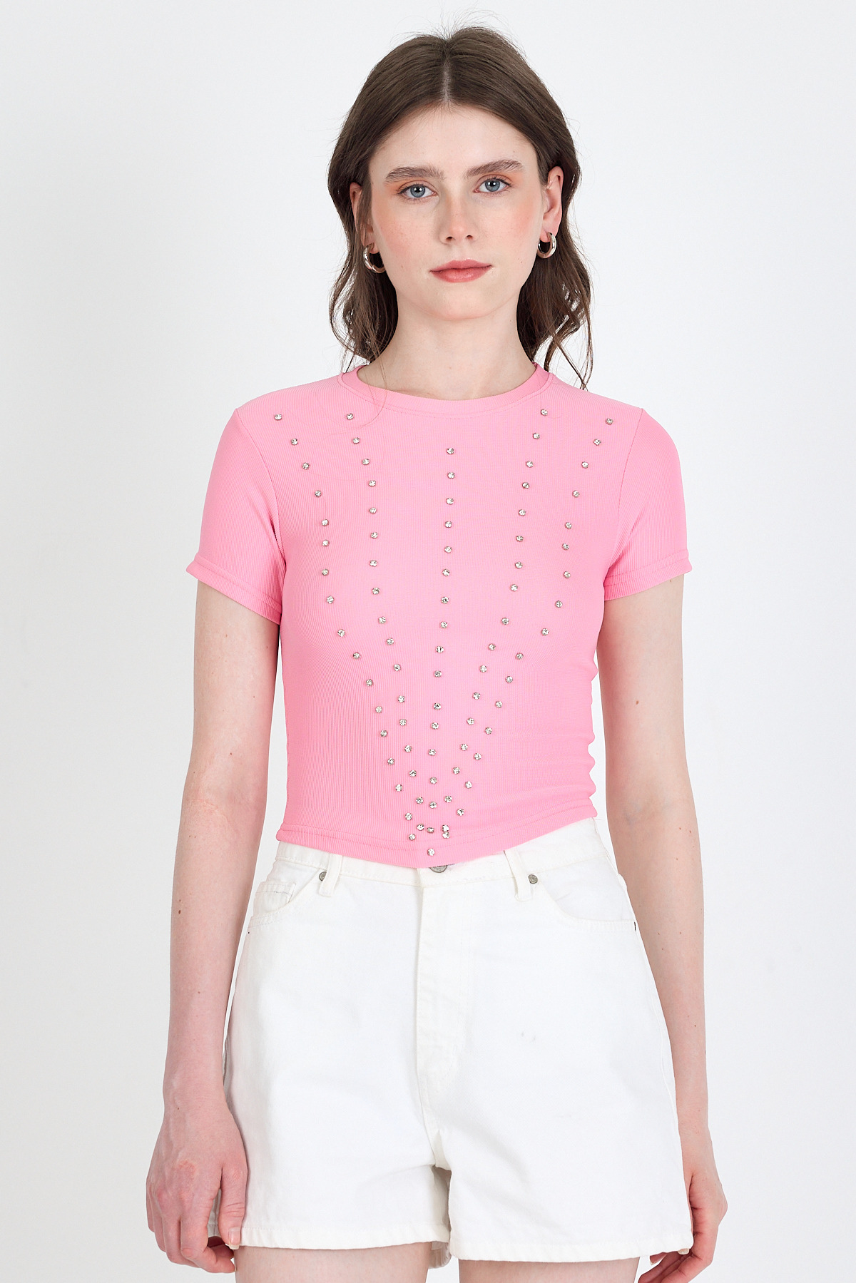 Pembe Bisiklet Yaka Taş İşleme Detaylı Slim Fit Crop Tişört 1149 - RAYS