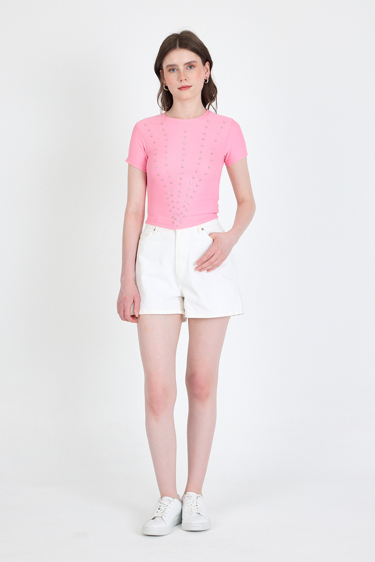 Pembe Bisiklet Yaka Taş İşleme Detaylı Slim Fit Crop Tişört 1149 - RAYS