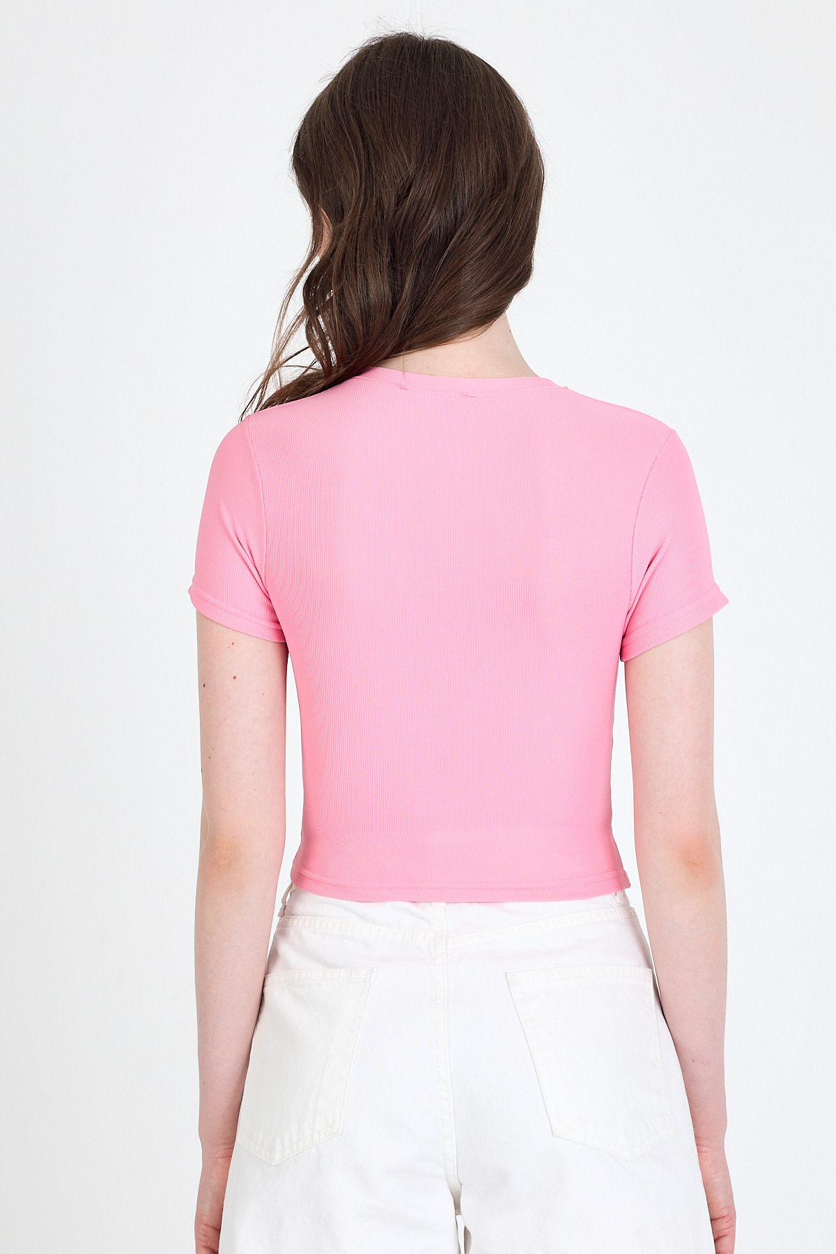 Pembe Bisiklet Yaka Taş İşleme Detaylı Slim Fit Crop Tişört 1149 - 5