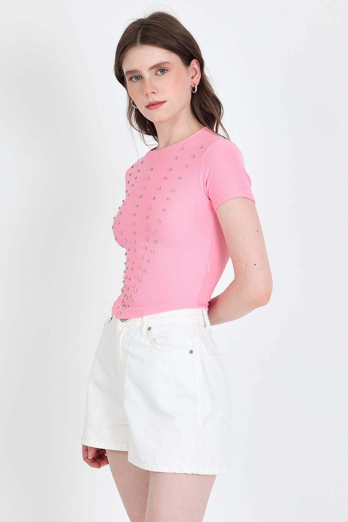 Pembe Bisiklet Yaka Taş İşleme Detaylı Slim Fit Crop Tişört 1149 - 6
