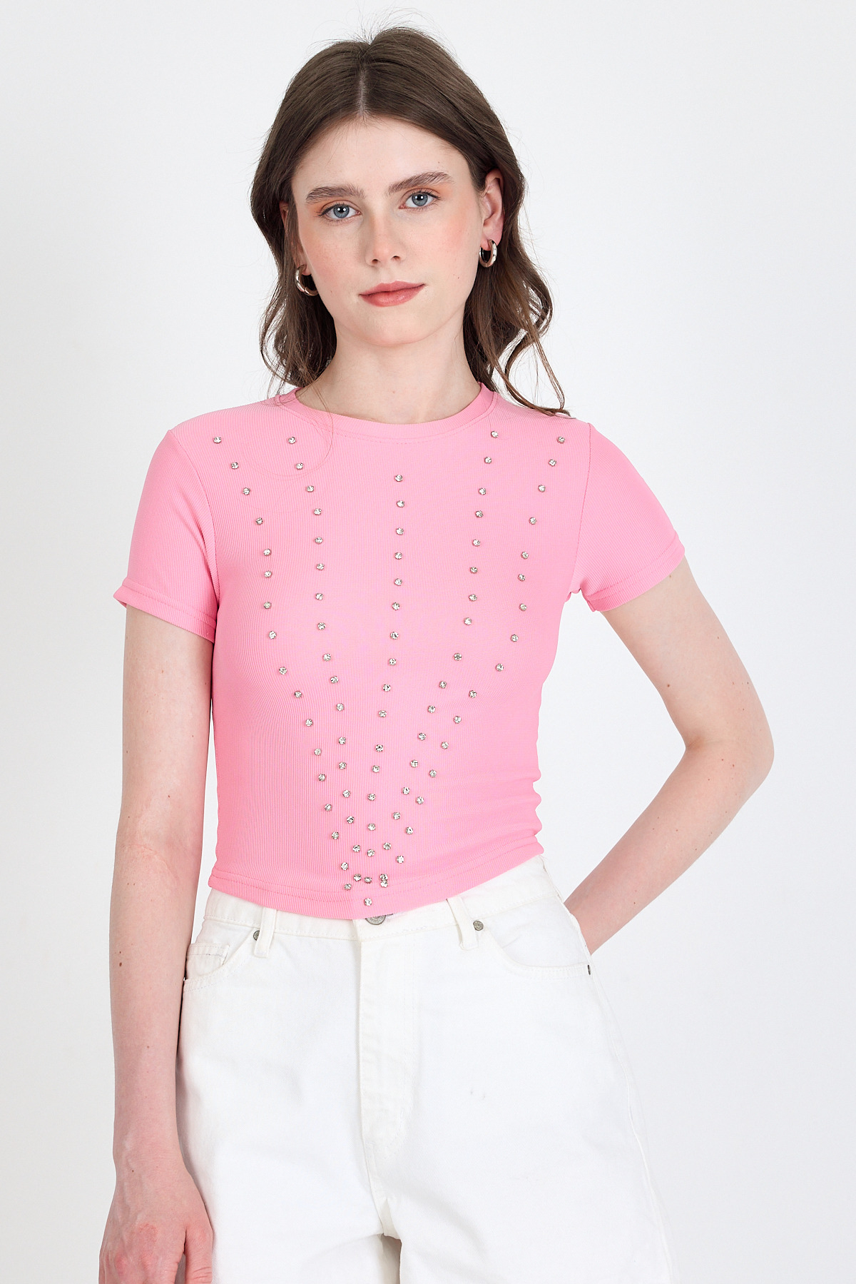 Pembe Bisiklet Yaka Taş İşleme Detaylı Slim Fit Crop Tişört 1149 - RAYS