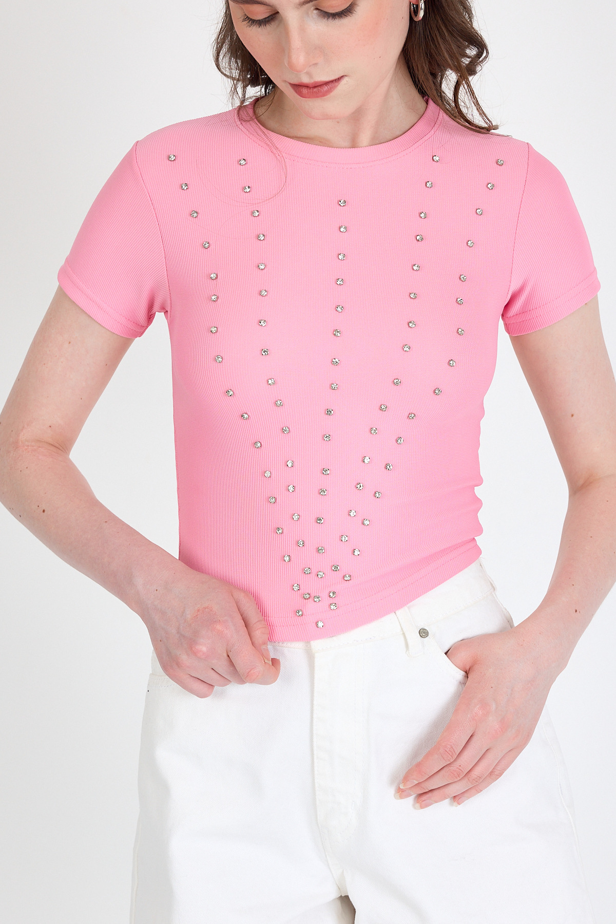 Pembe Bisiklet Yaka Taş İşleme Detaylı Slim Fit Crop Tişört 1149 - RAYS