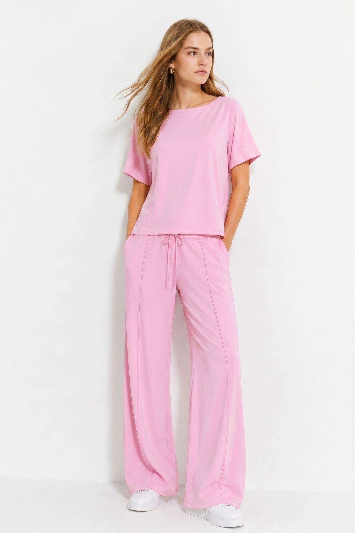 Bisiklet Yaka Tişört Pantolon Takım 7180 Pembe - RAYS