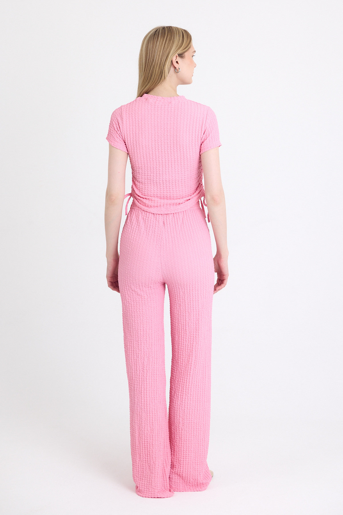 Pembe Bürümcük Dokulu Büzgülü Crop ve Geniş Paça Pantolon Takımı 3001 - 5