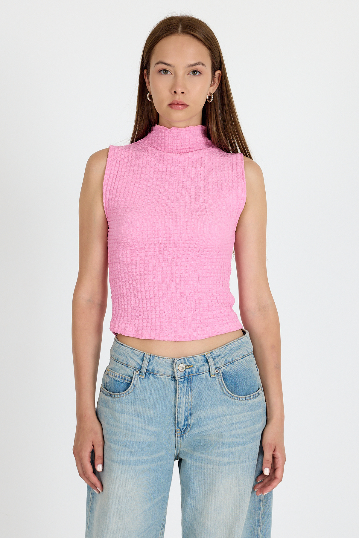 Pembe Bürümcük Kumaş Dik Yaka Kolsuz Bluz 3458 - 2