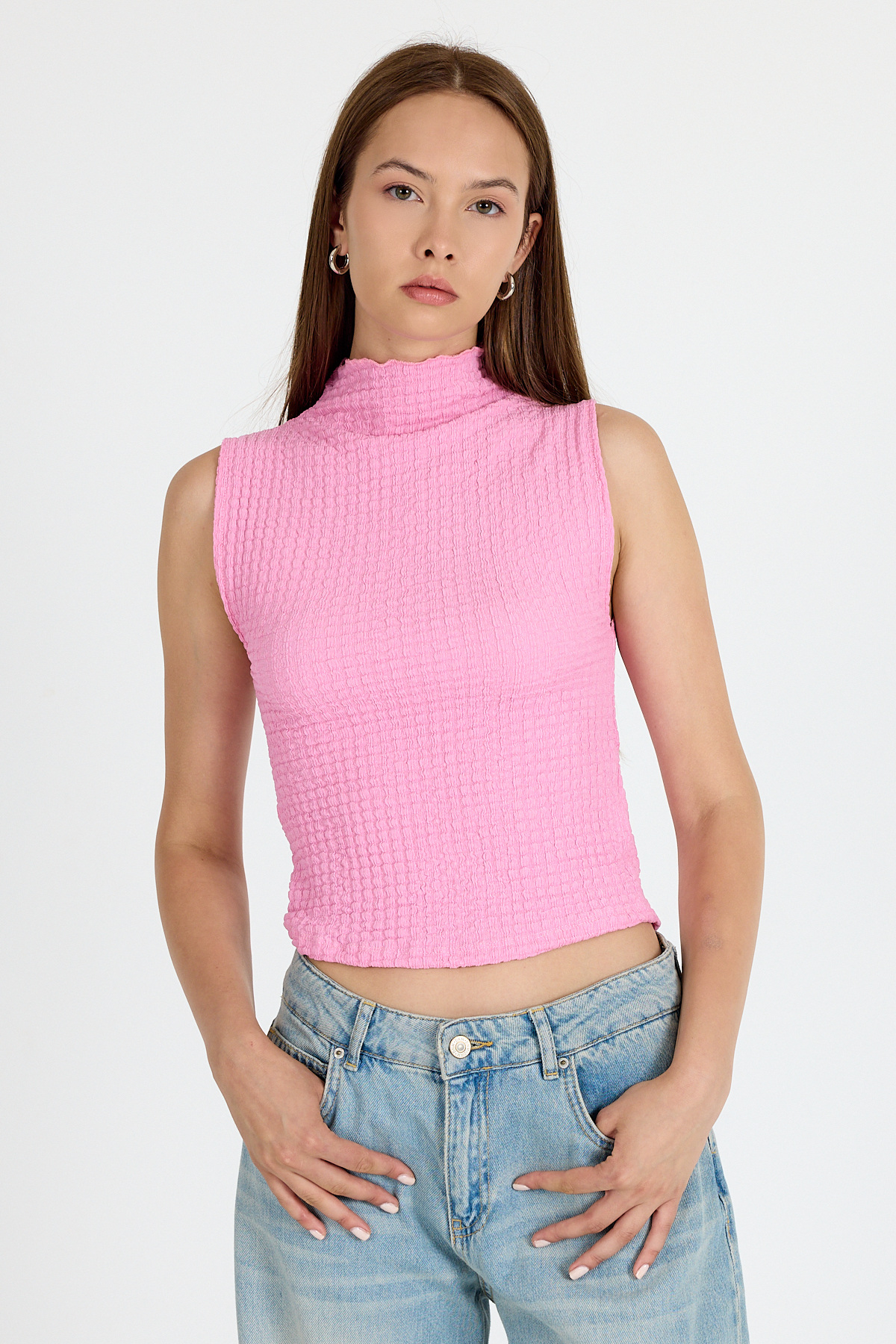 Pembe Bürümcük Kumaş Dik Yaka Kolsuz Bluz 3458 - 1