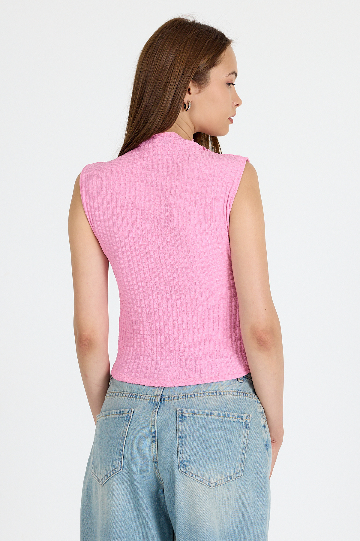 Pembe Bürümcük Kumaş Dik Yaka Kolsuz Bluz 3458 - 5