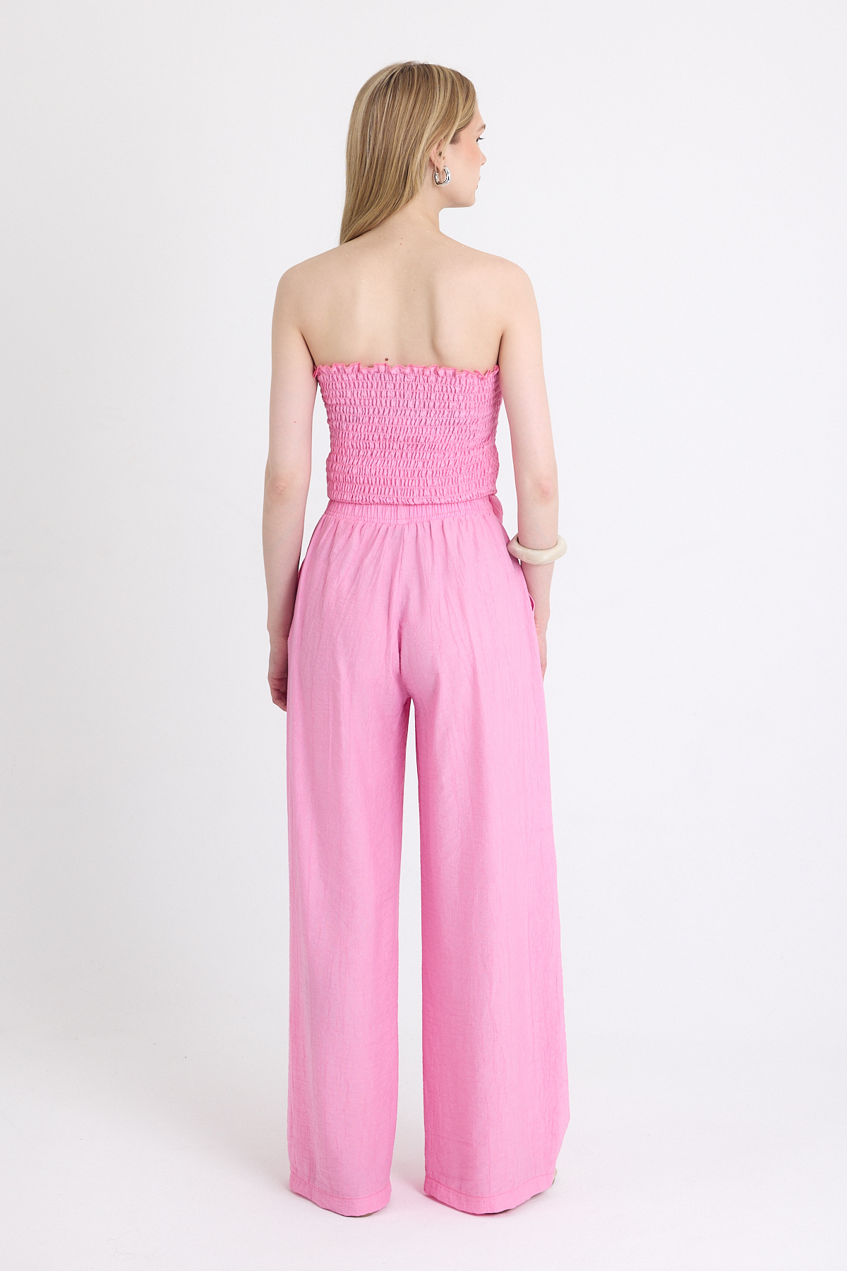 Pembe Büzgülü Straplez Bluz ve Bol Paça Pantolon Takım 5249 - 5