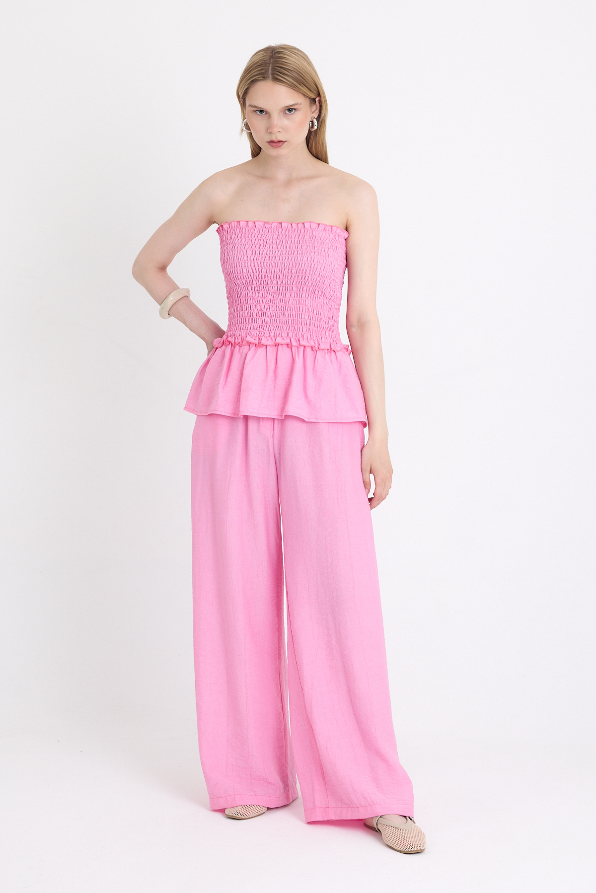 Pembe Büzgülü Straplez Bluz ve Bol Paça Pantolon Takım 5249 - 6