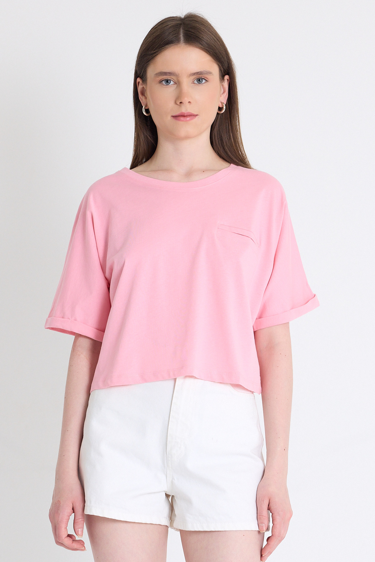 Pembe Cep Detaylı Bisiklet Yaka Crop Tişört 2136M - 2