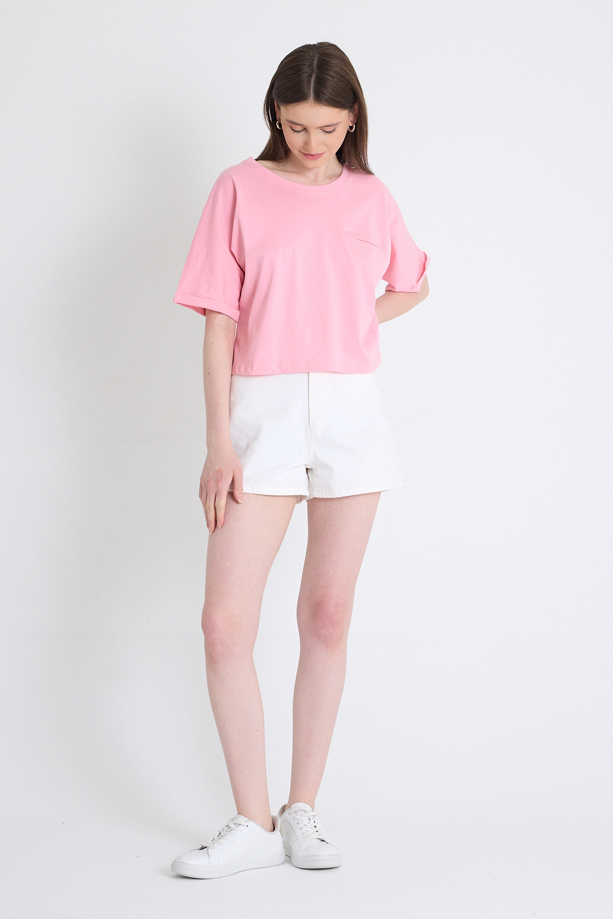 Pembe Cep Detaylı Bisiklet Yaka Crop Tişört 2136M - 3