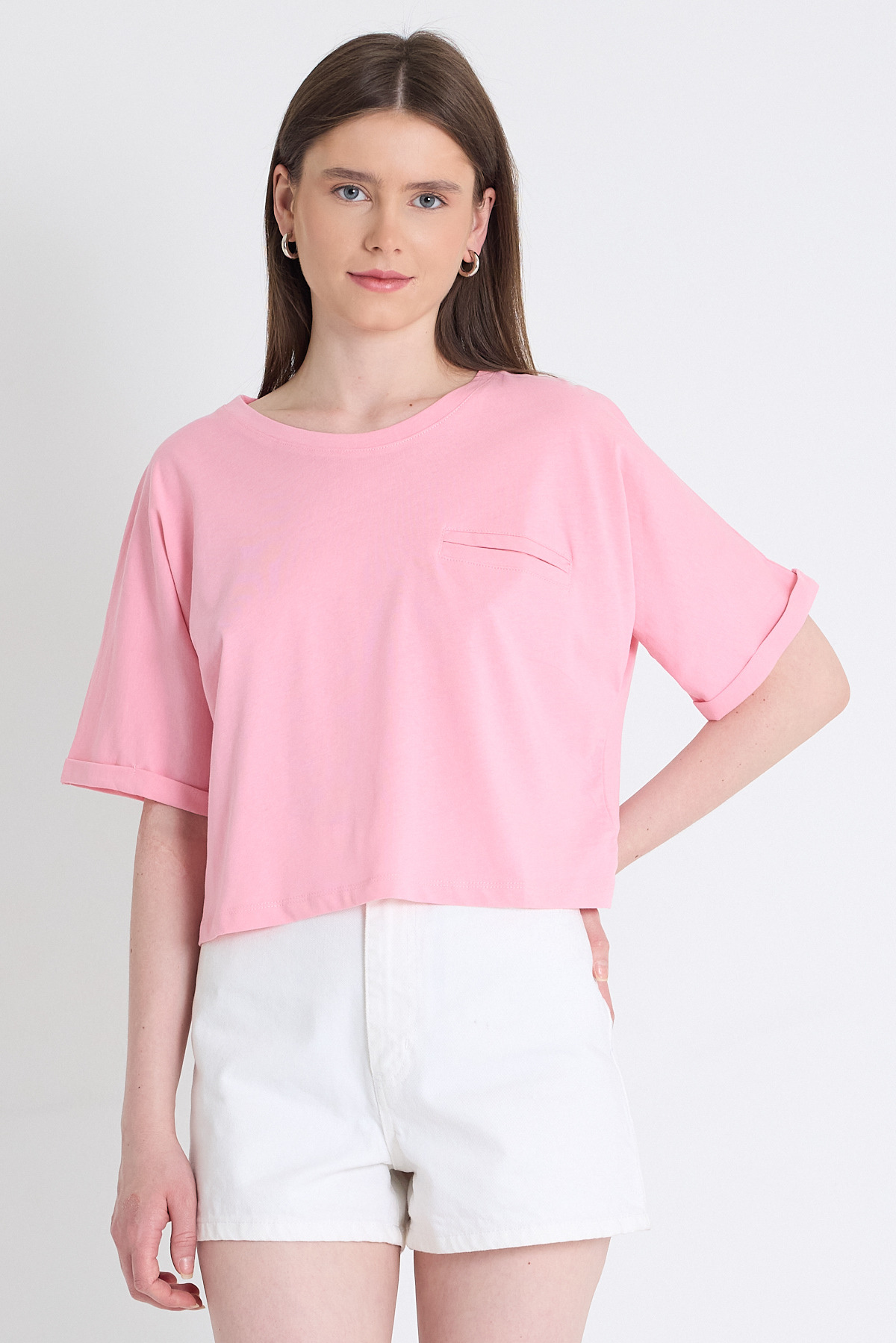 Pembe Cep Detaylı Bisiklet Yaka Crop Tişört 2136M - 1