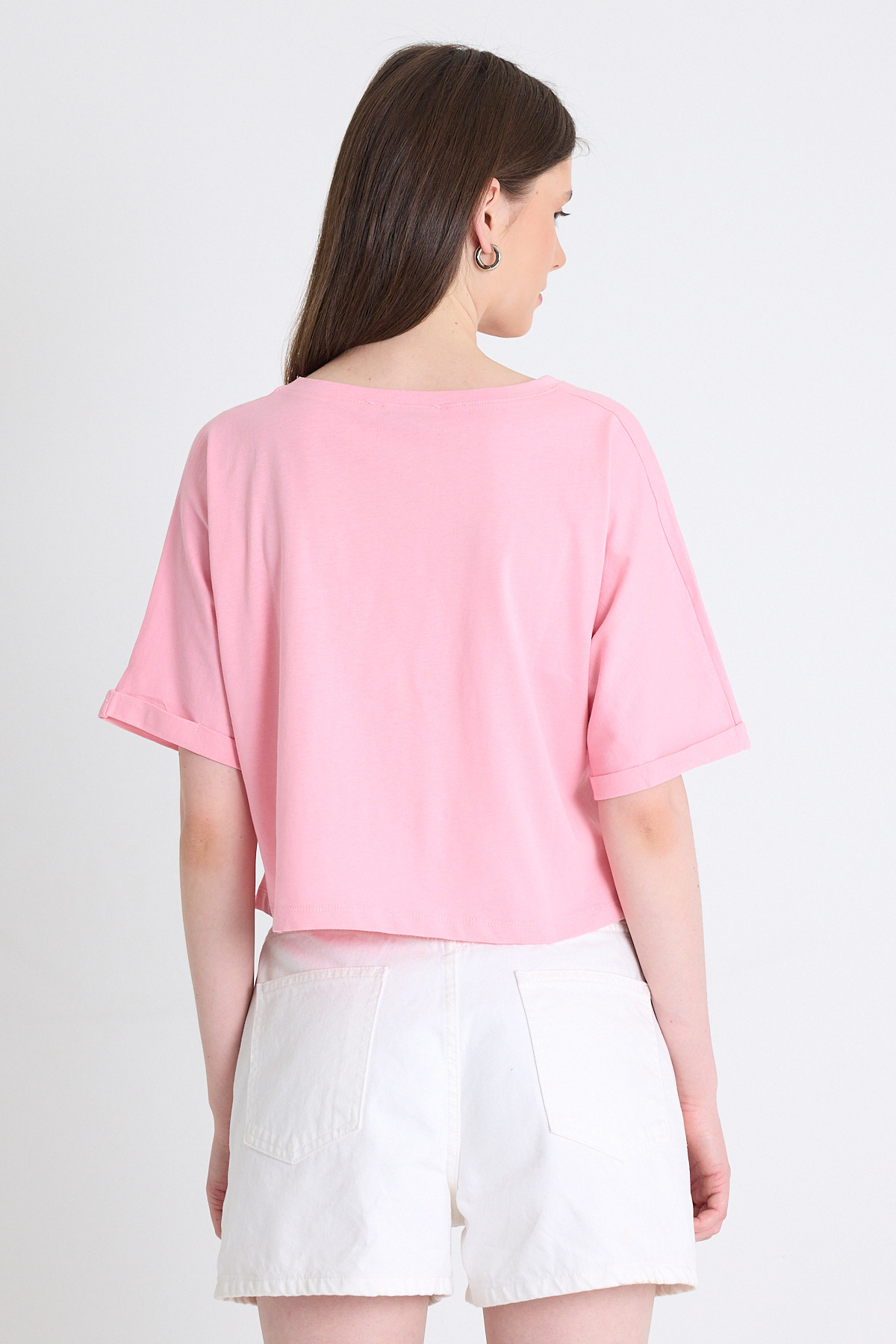 Pembe Cep Detaylı Bisiklet Yaka Crop Tişört 2136M - 5