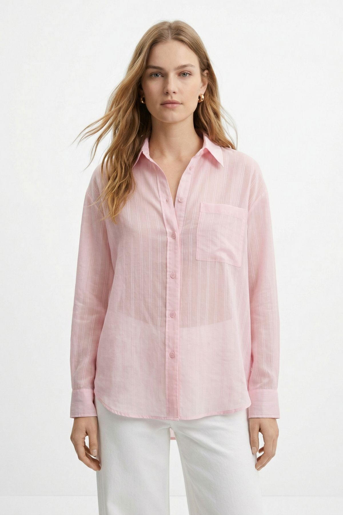 Pembe Cepli Çizgili Oversize Gömlek 5449 - 3