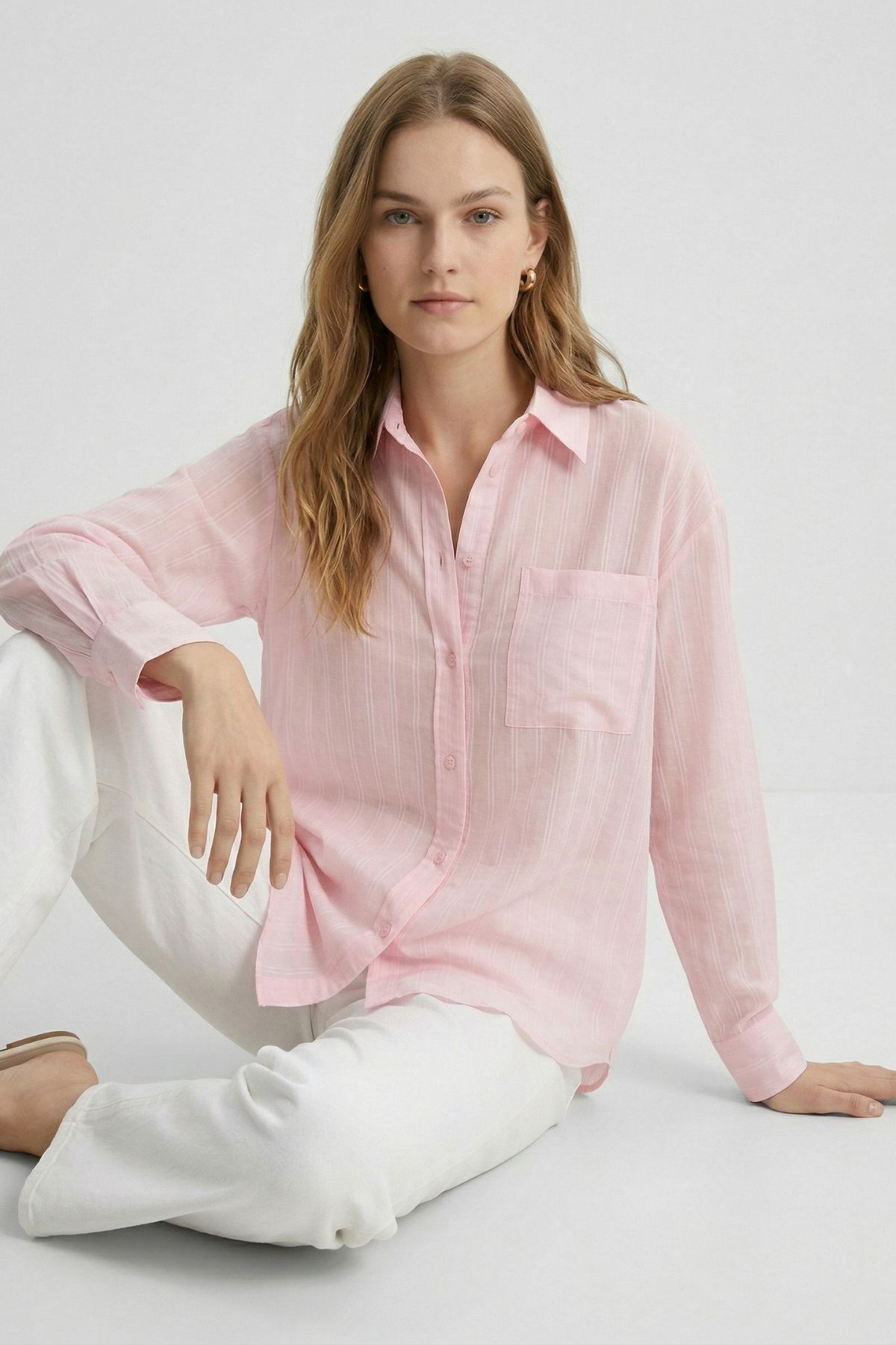 Pembe Cepli Çizgili Oversize Gömlek 5449 