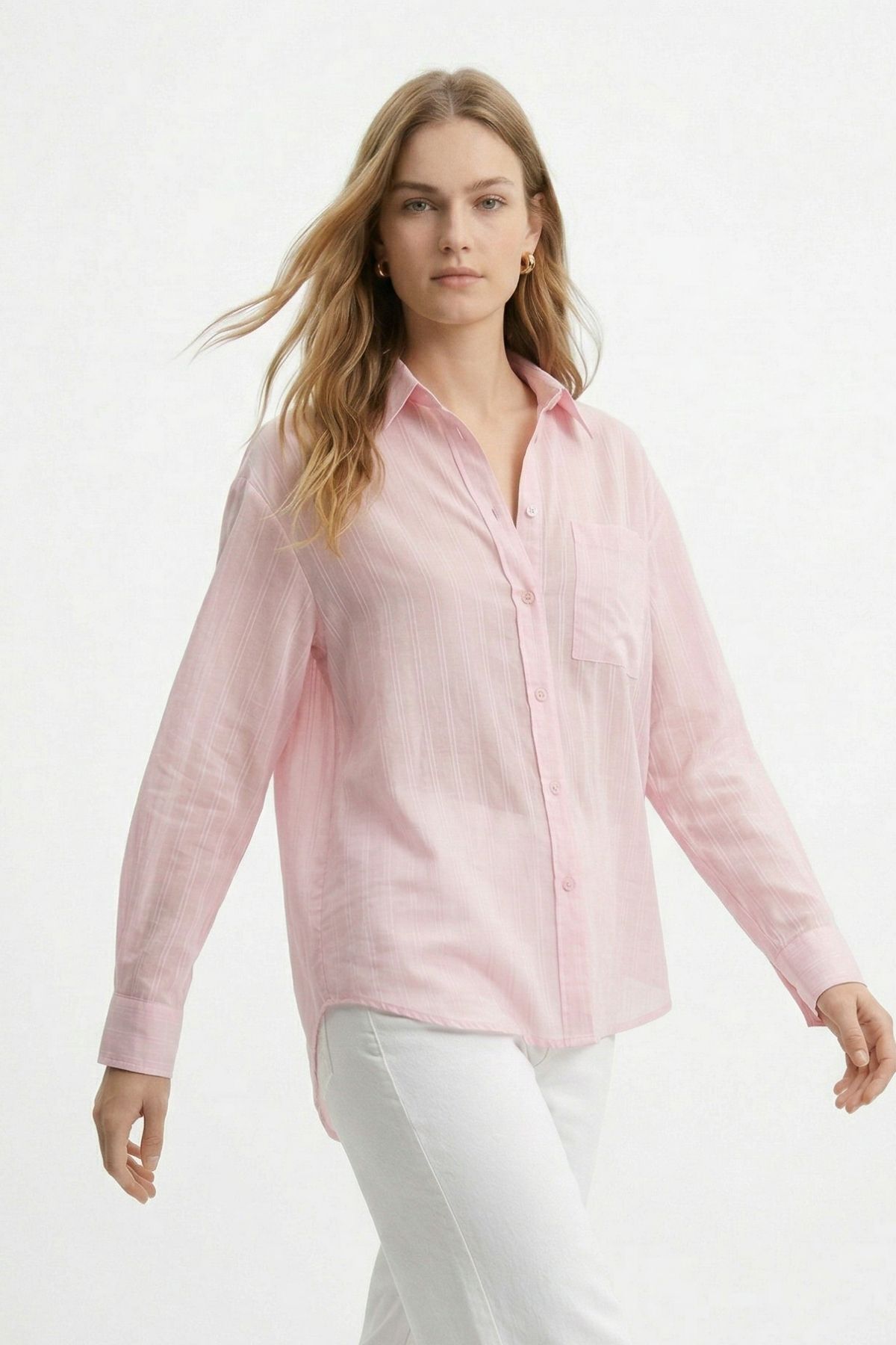 Pembe Cepli Çizgili Oversize Gömlek 5449 - 2